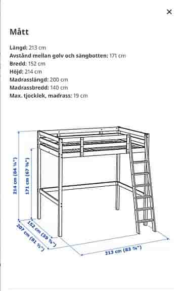 IKEA loftsäng vit trä 214 cm höjd