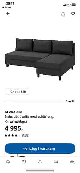 IKEA Älvdalen bäddsoffa med schäslong mörkgrå