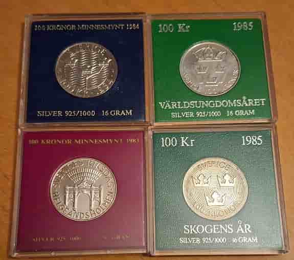Svenska minnesmynt 100 kr silvermynt 1983, 1984, 1985