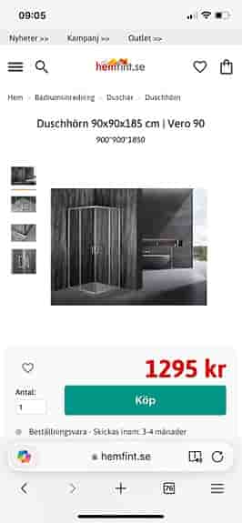 Duschhörn, Nytt, 90x90x185 cm glas krom, säljes pga felköp