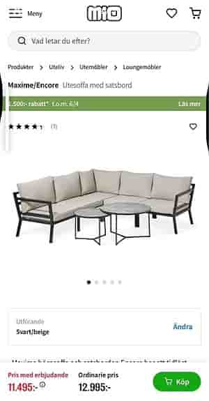 Loungesoffa med soffbord & sidobord