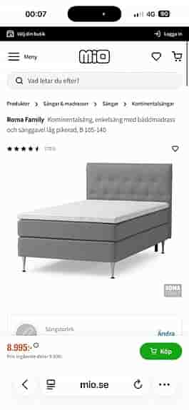Mio Roma Family kontinentalsäng enkelsäng grå med bäddmadrass