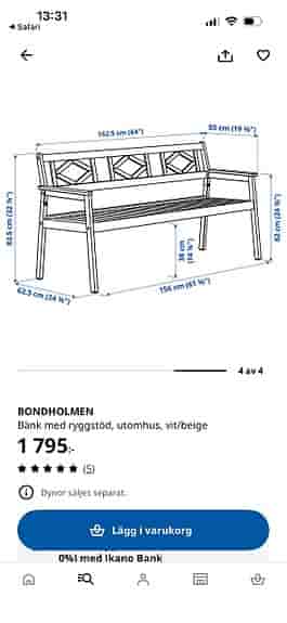 IKEA BONDHOLMEN bänk med ryggstöd utomhus grå