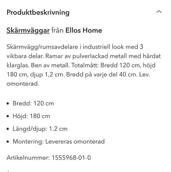 Ellos Home skärmvägg/rumavdelare glas 120x180 cm