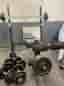 Bänkpress, benpress, skivstång, vikter 80 kg, hantlar