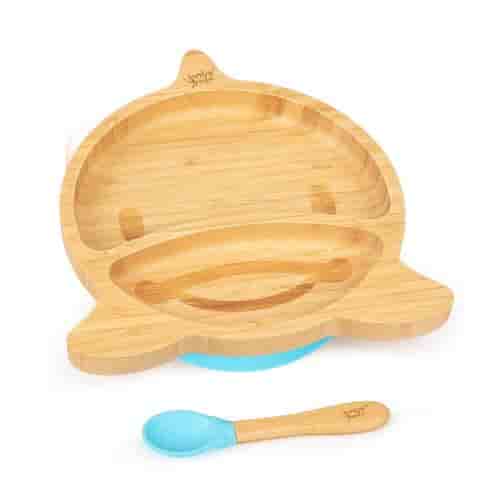 Vaisselle pour enfants assiette en bambou, cuillère 250 ml et ventouse 18 x 18 cm - Bleu