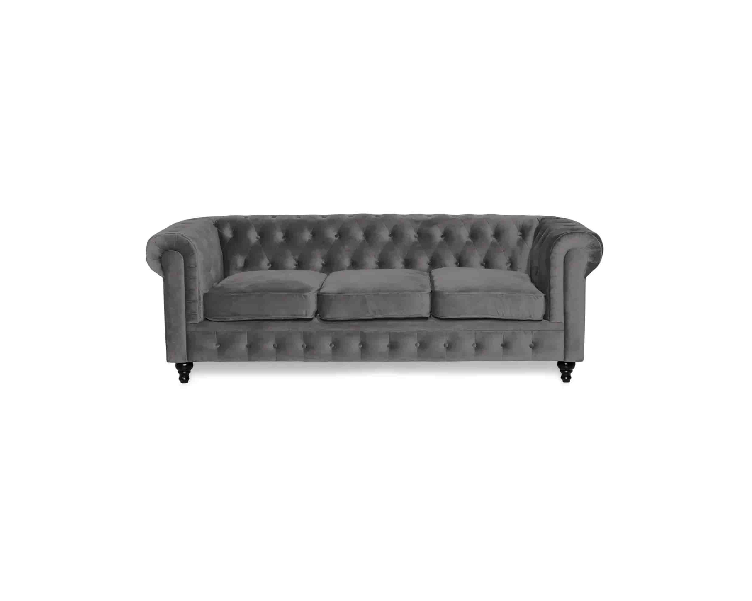 Chesterfield Lyx 3-sits sammetssoffa grå