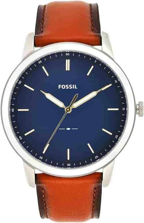 Fossil FS5304 Minimalist 44MM Slim 3-Hand Brown Leather Mens Watch With Blue Dial - White