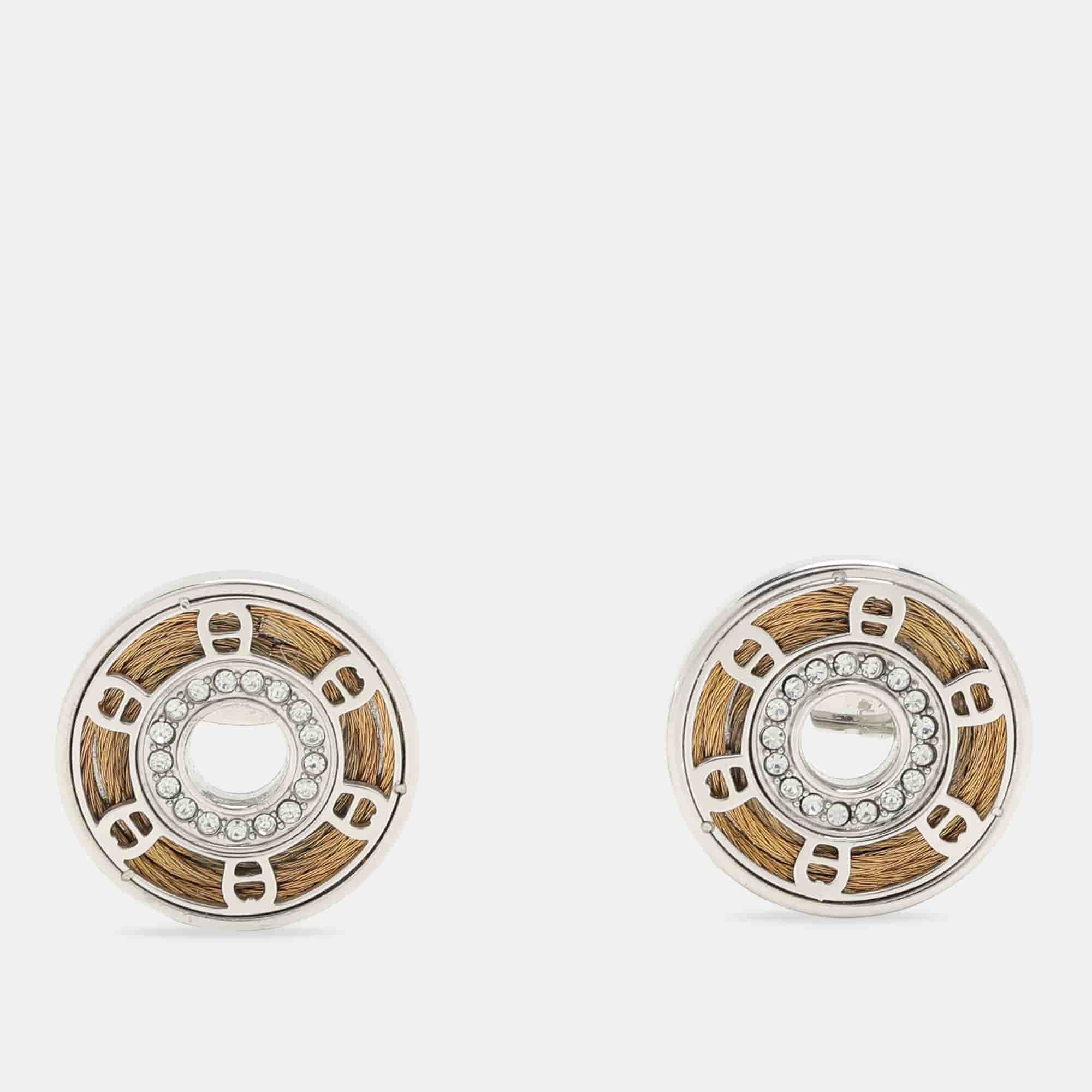 Aigner Silver Tone Metal Crystal Logo Stud Earrings