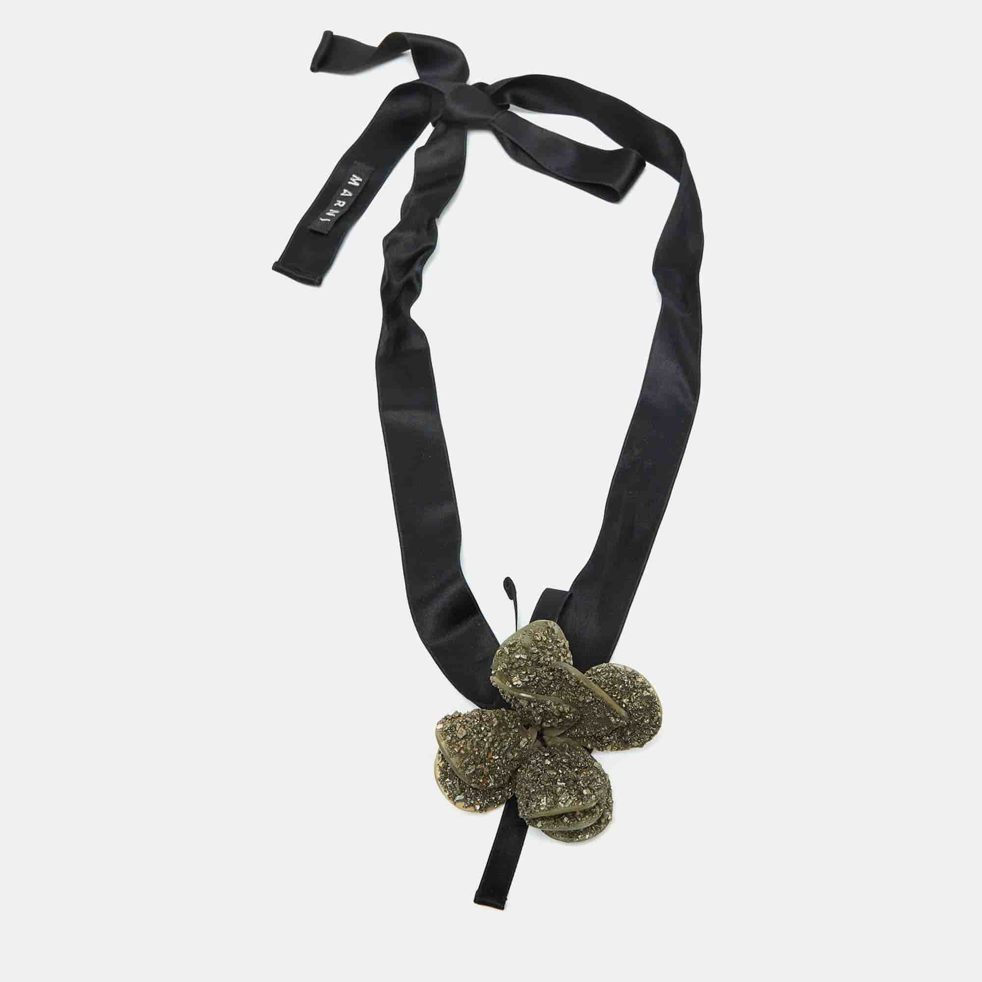 Marni Green Floral Textured Petal Ribbon Choker