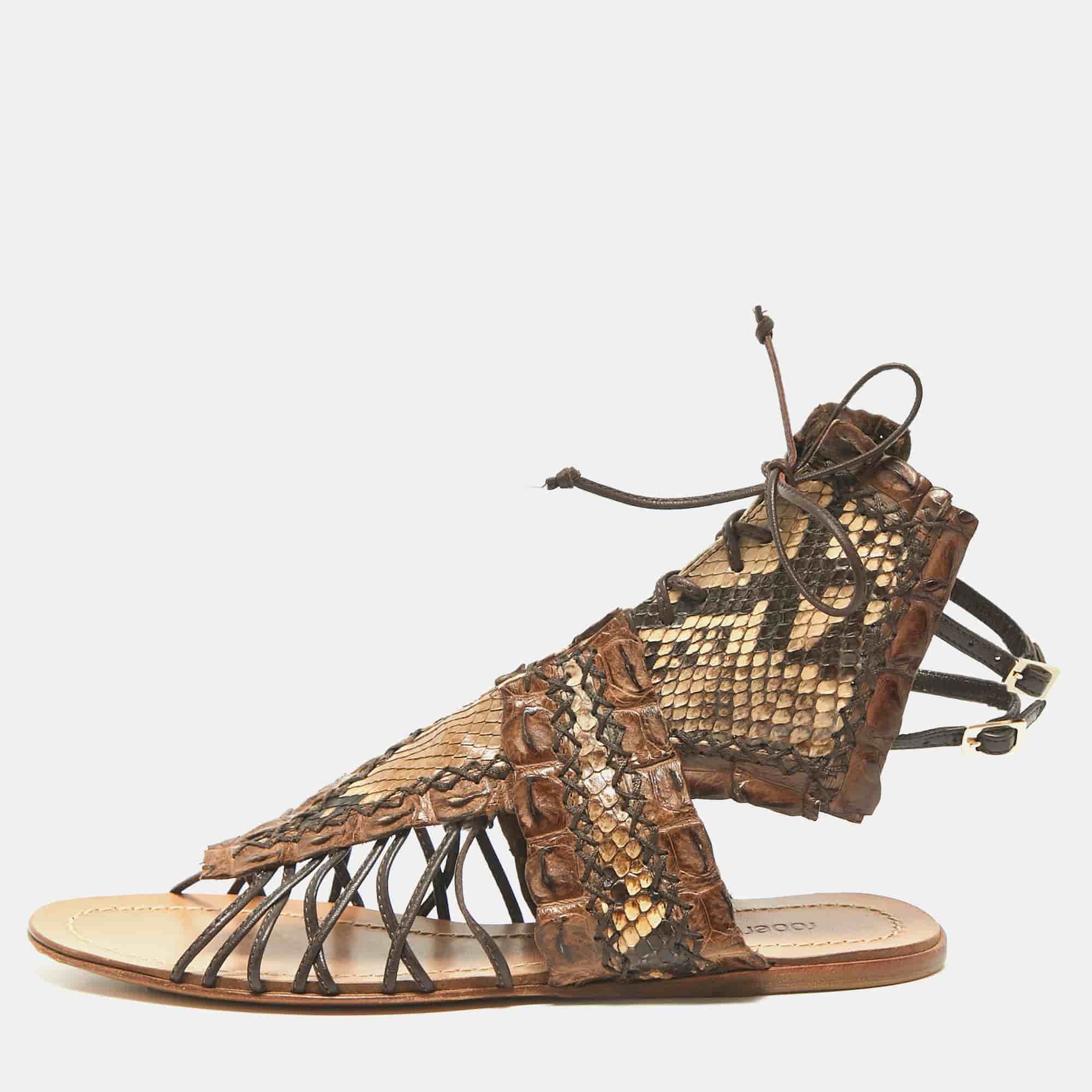 Roberto Cavalli Brown Crocodile and Python Leather Lace Up  Sandals Size 36