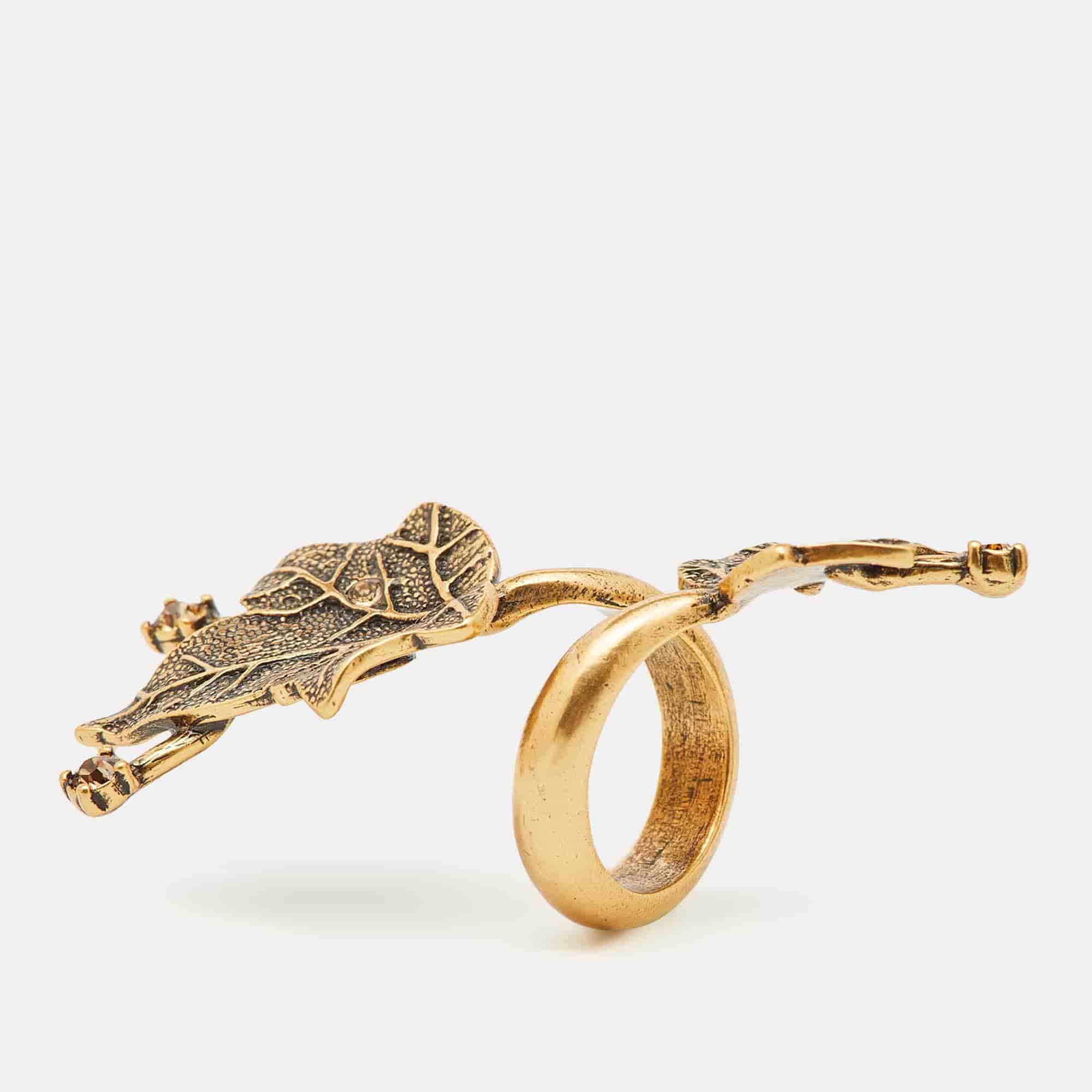 Oscar de la Renta Crystal Gold tone Leaf Cocktail Ring Size 52