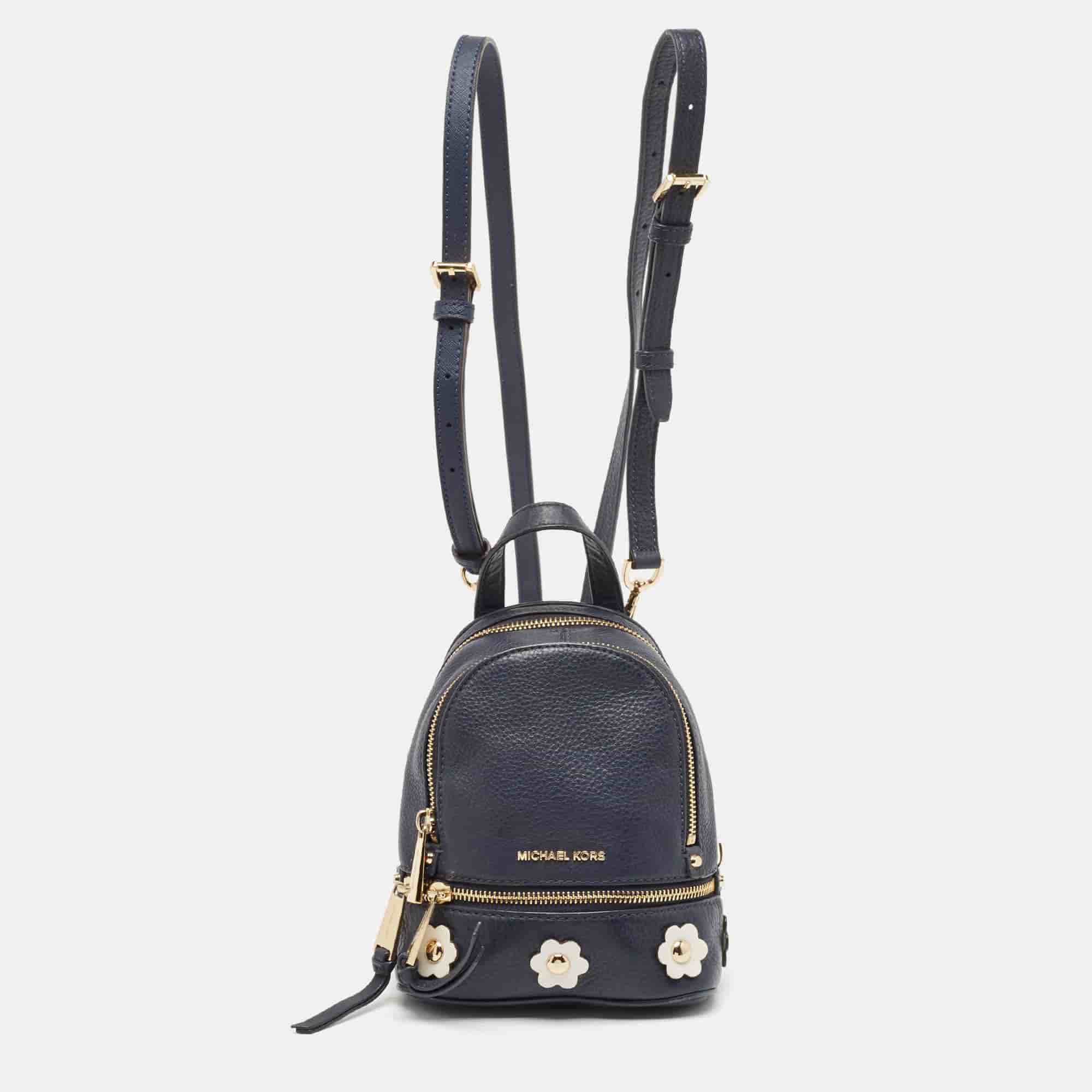 Michael Kors Navy Blue Leather Floral Rhea Backpack