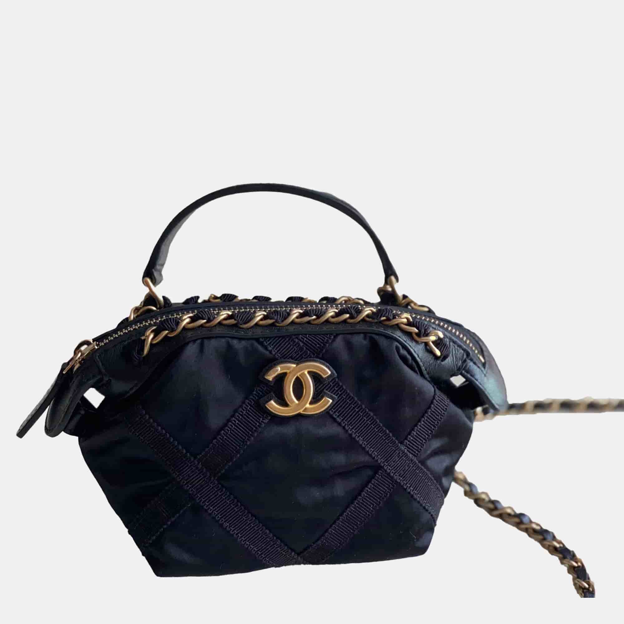 Chanel Black Nylon Grosgrain Quilted Lifestyle Clutch with Chain