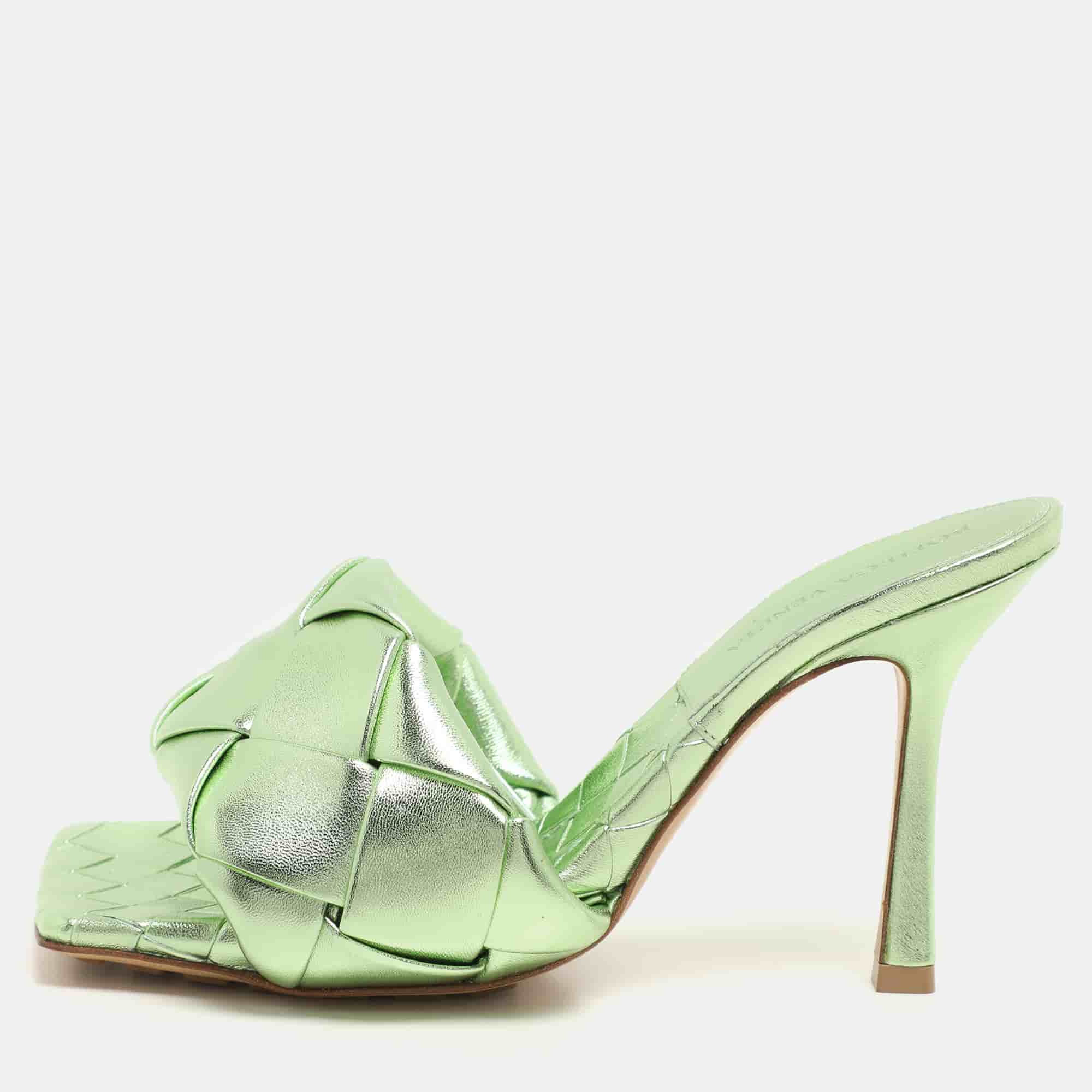 Bottega Veneta Metallic Green Intrecciato Leather Lido Slide Sandals Size 37
