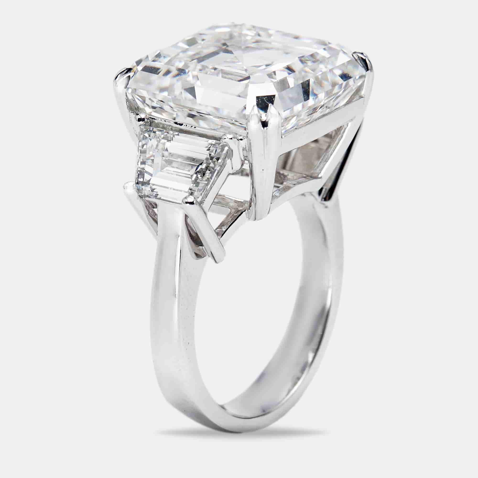 18.50 cts Asscher Cut and Trapezoid Lab Grown Diamond 18k White Gold Ring Size 52