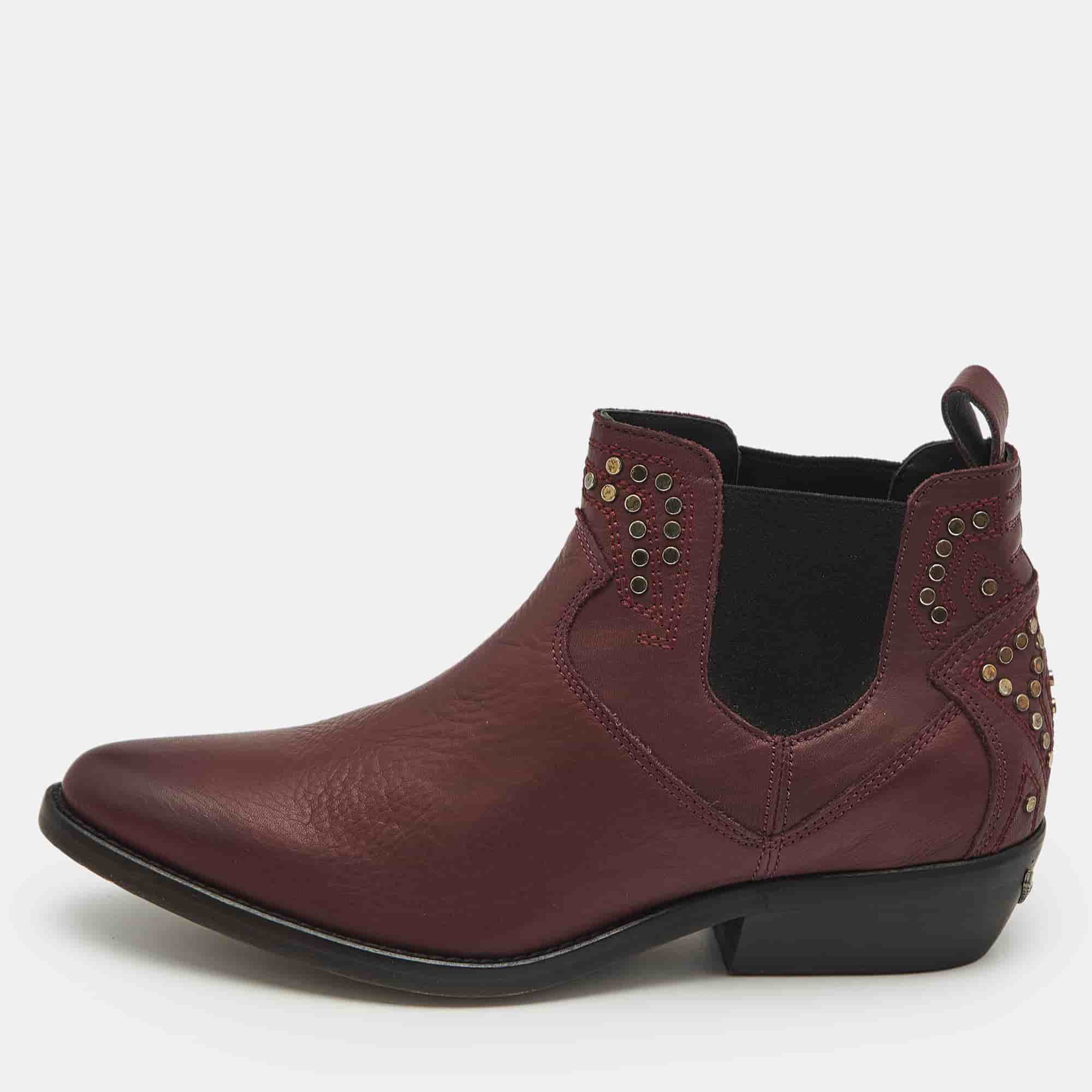 Zadig & Voltaire Burgundy Leather Thylana Studded Ankle Boots Size 37