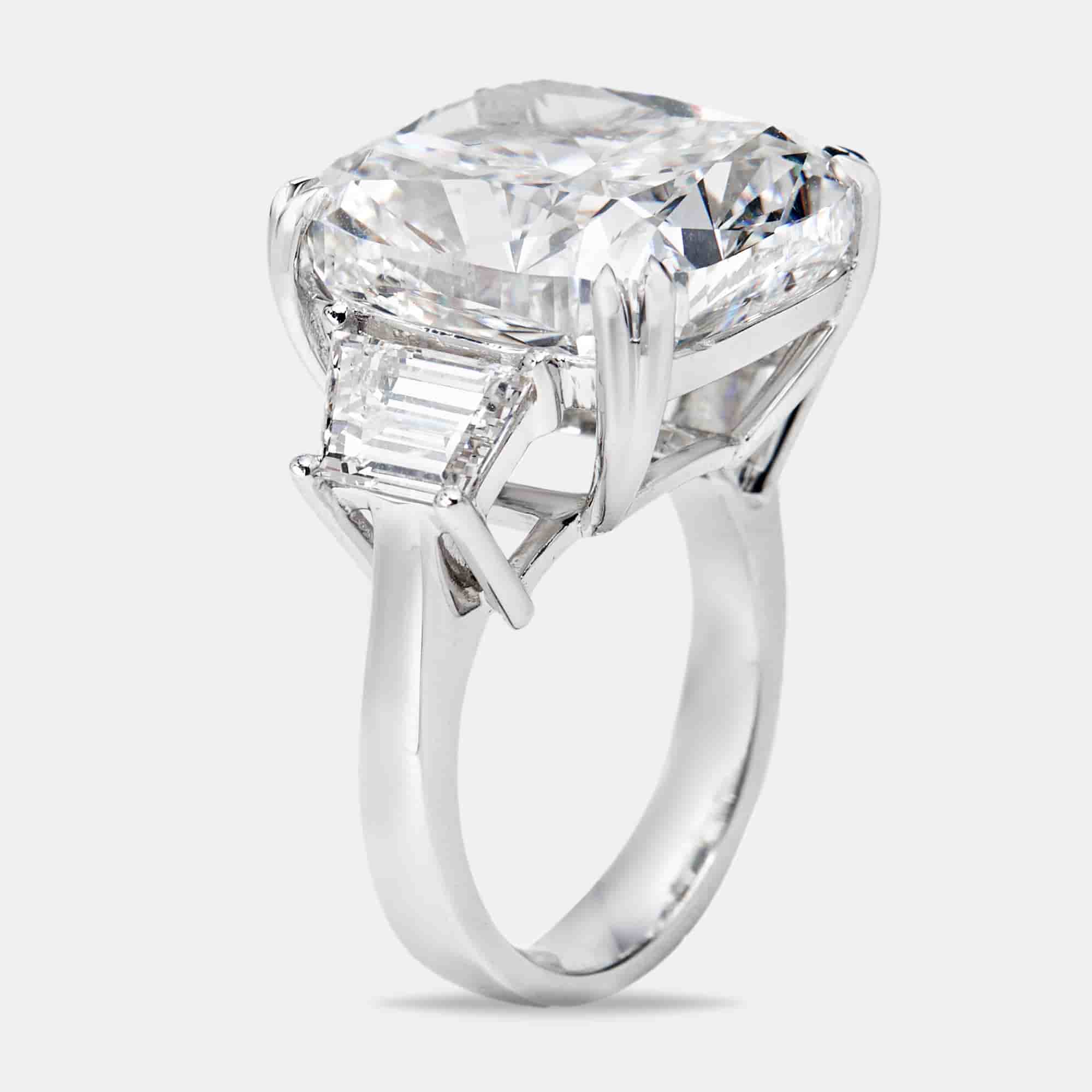 22.00 cts Cushion Cut and Trapezoid Lab Grown Diamond 18k White Gold Ring Size 51