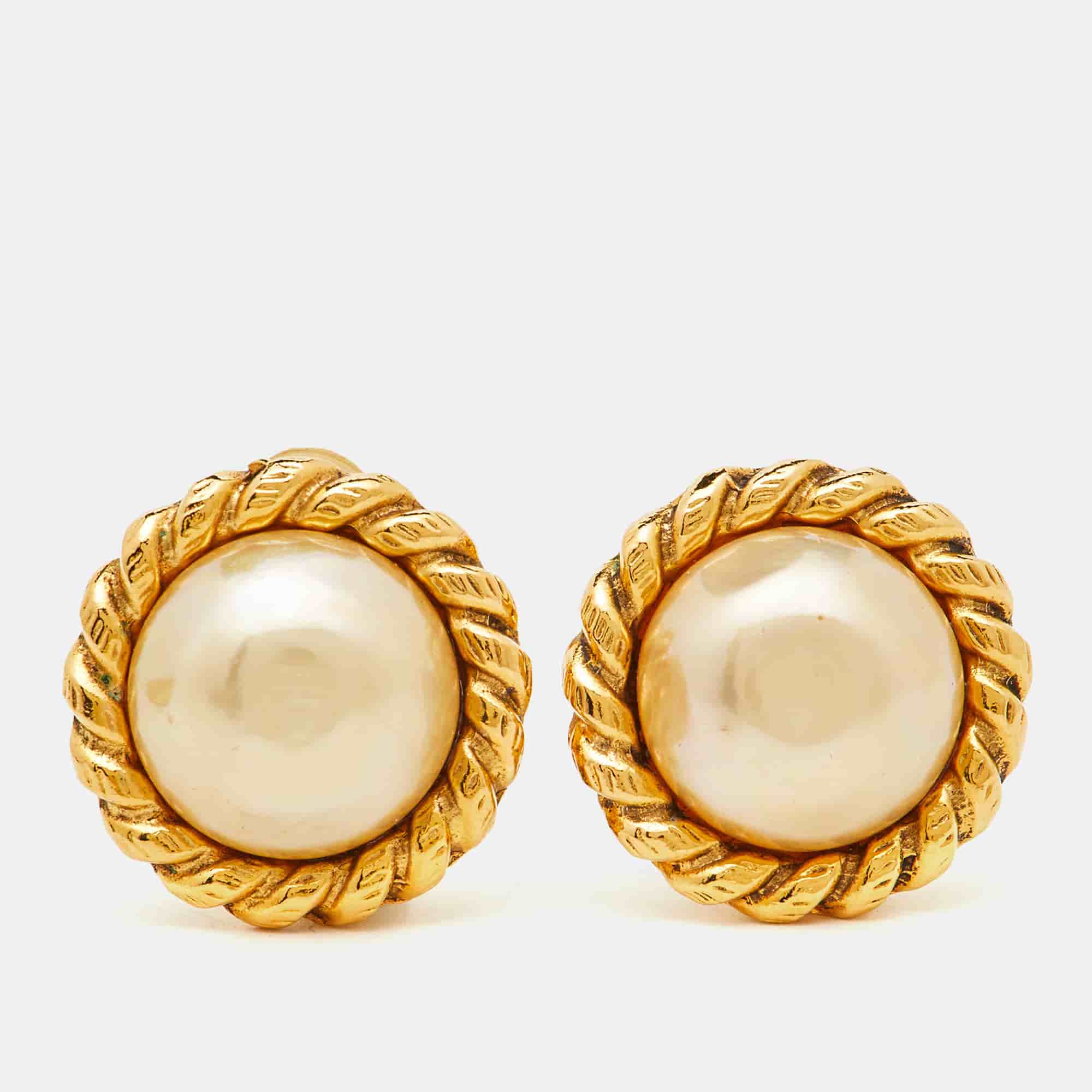 Chanel Faux Pearl Gold Tone Round Clip-on Earrings