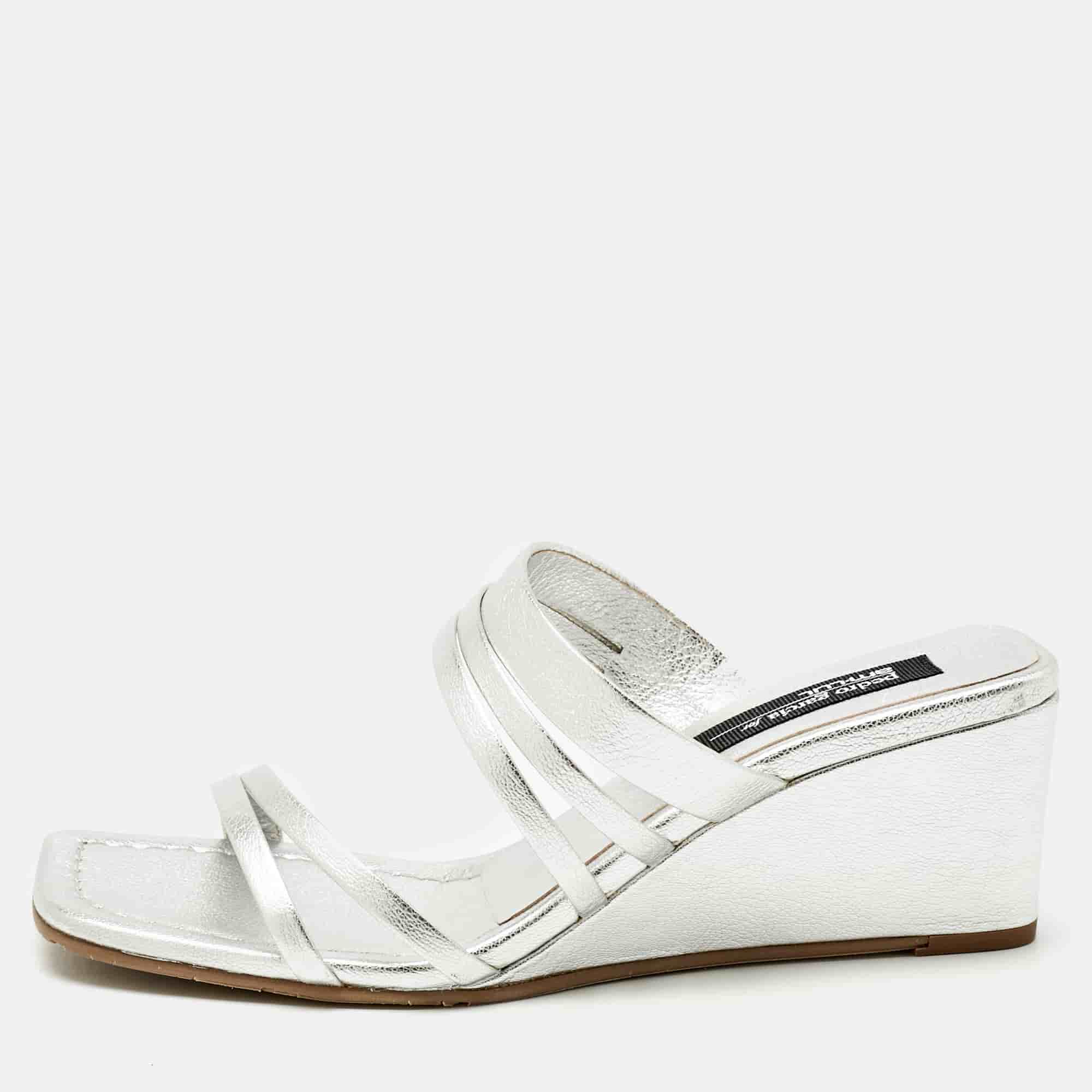 Pedro Garcia Silver Leather Barbaria Wedge Sandals Size 38