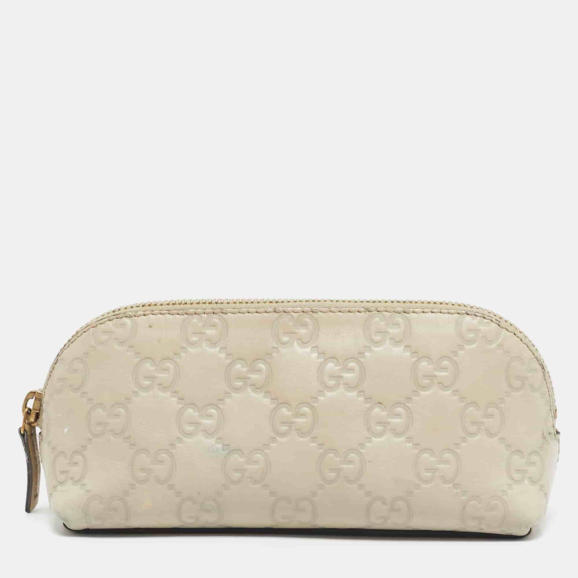 Gucci Ivory Guccissima Leather Cosmetic Zip Pouch