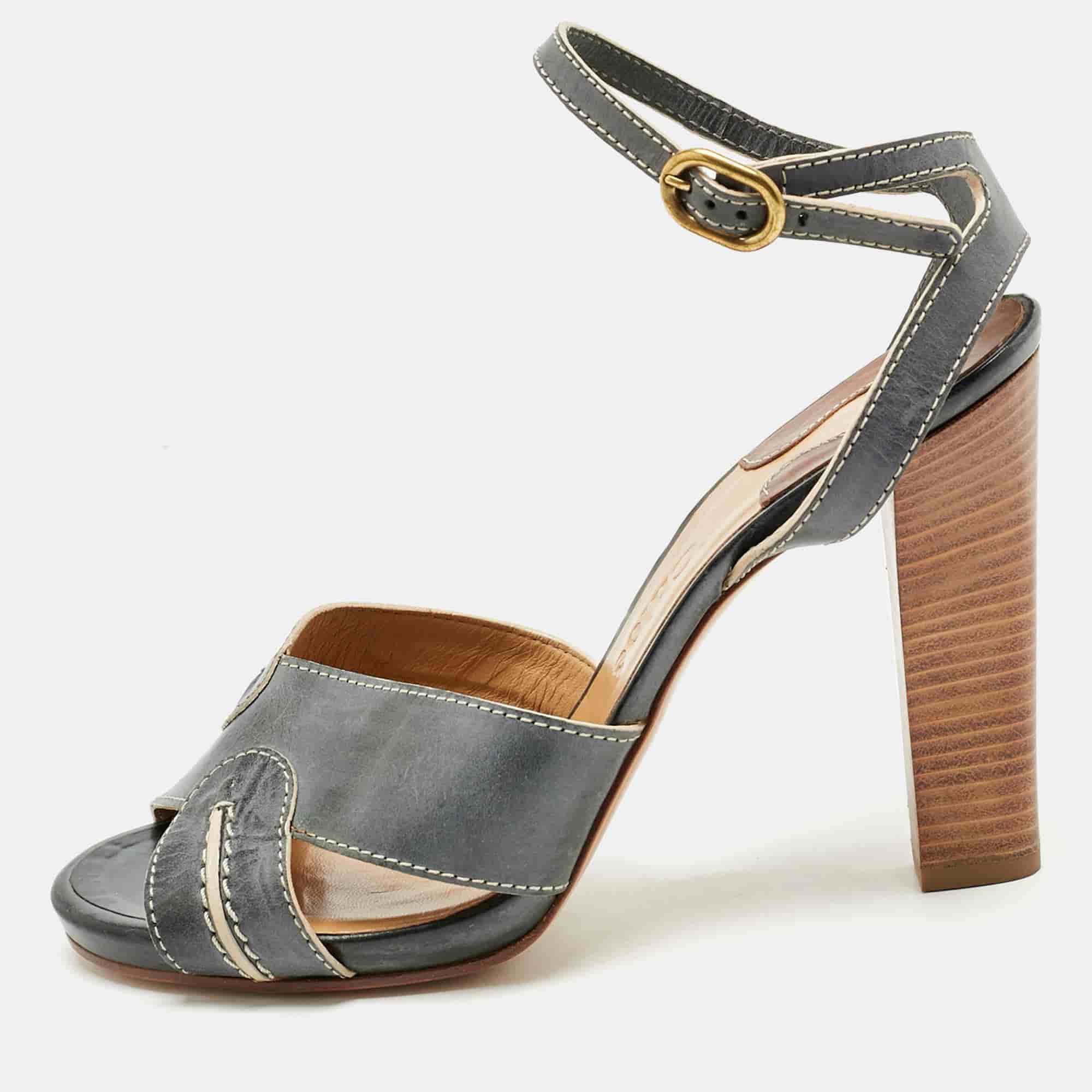 Chloe Grey/Beige Leather Ankle Strap Sandals Size 40