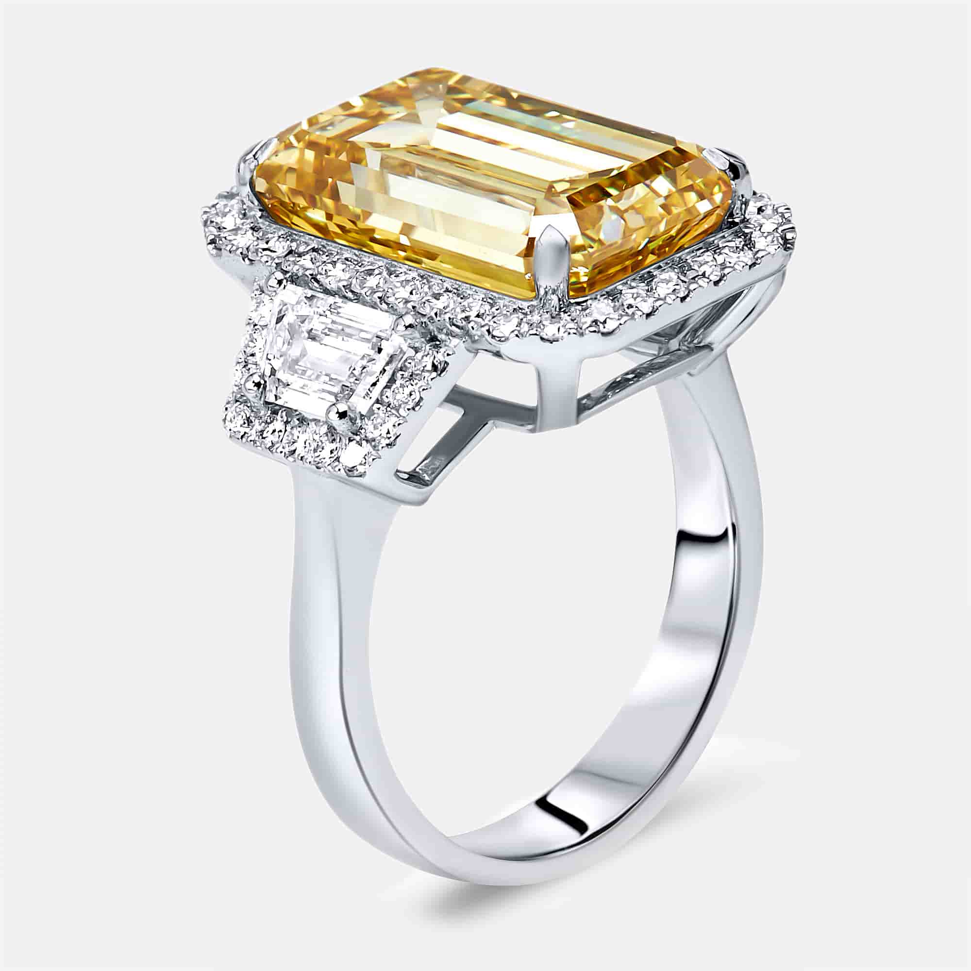 11.6 cts Yellow Emerald Cut and Round Lab Grown Diamond 18k White Gold Ring Size 53