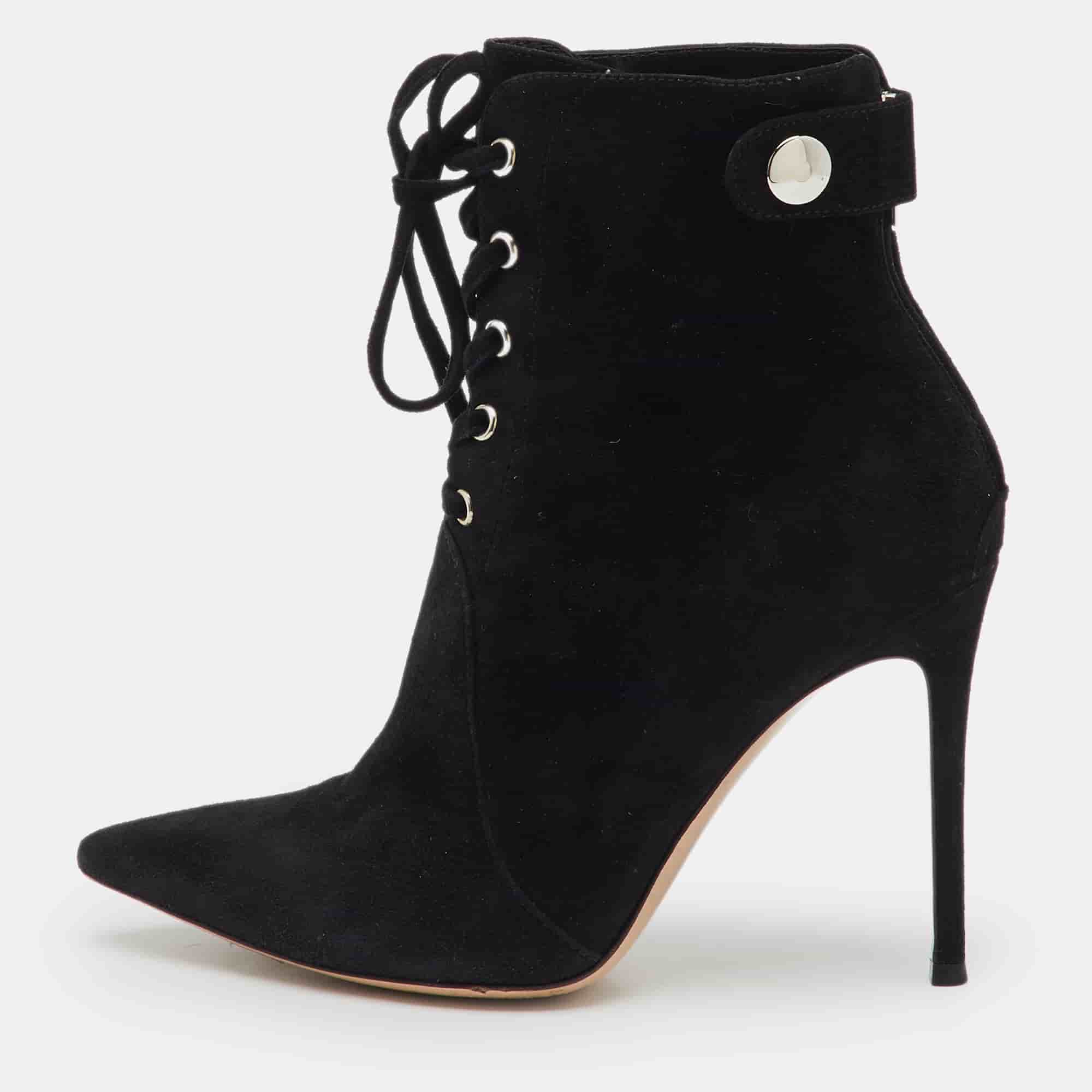 Gianvito Rossi Black Suede Pointed Toe Lace Up Ankle Length Boots Size 38