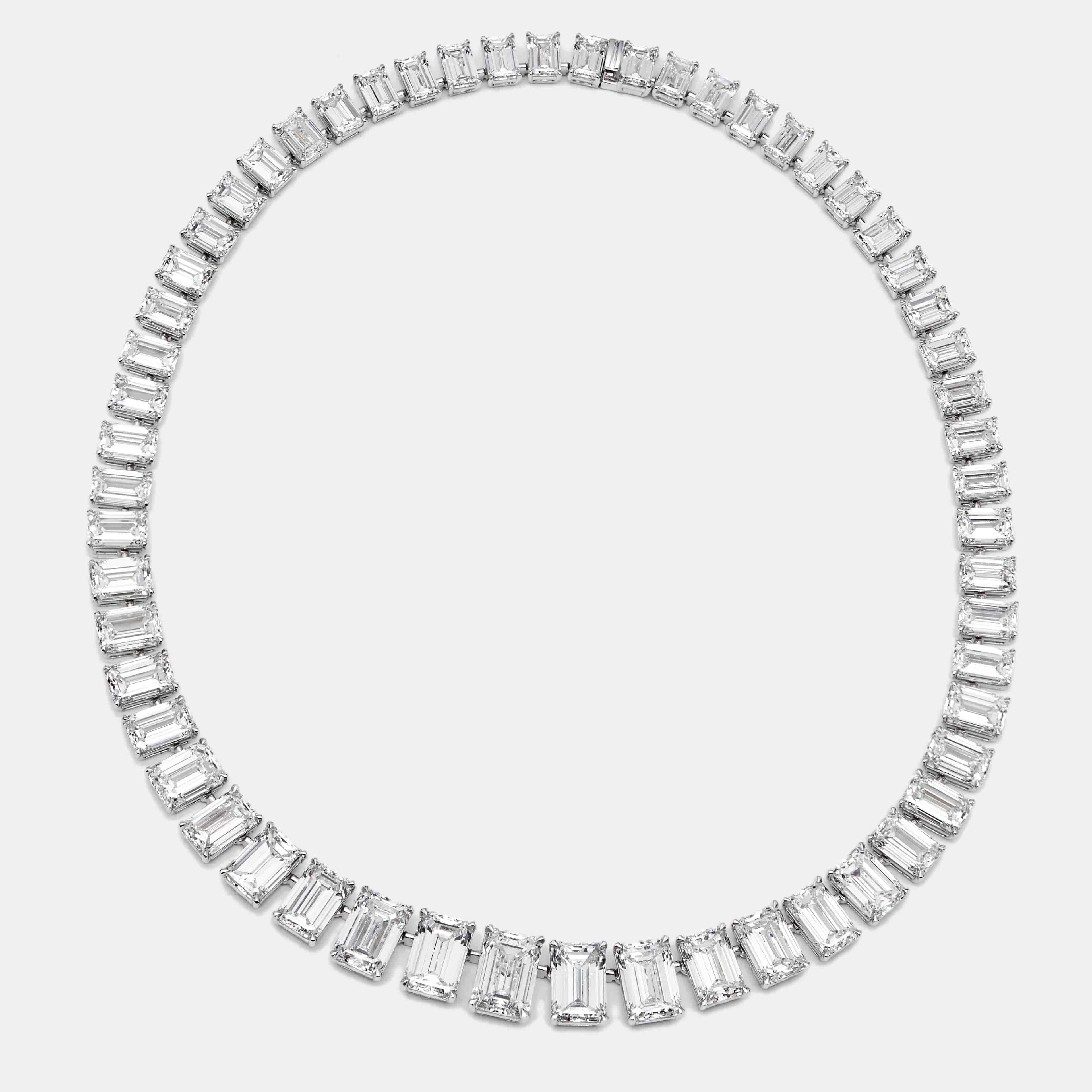 107.13 cts Emerald Cut Lab Grown Diamond 18k White Gold Necklace