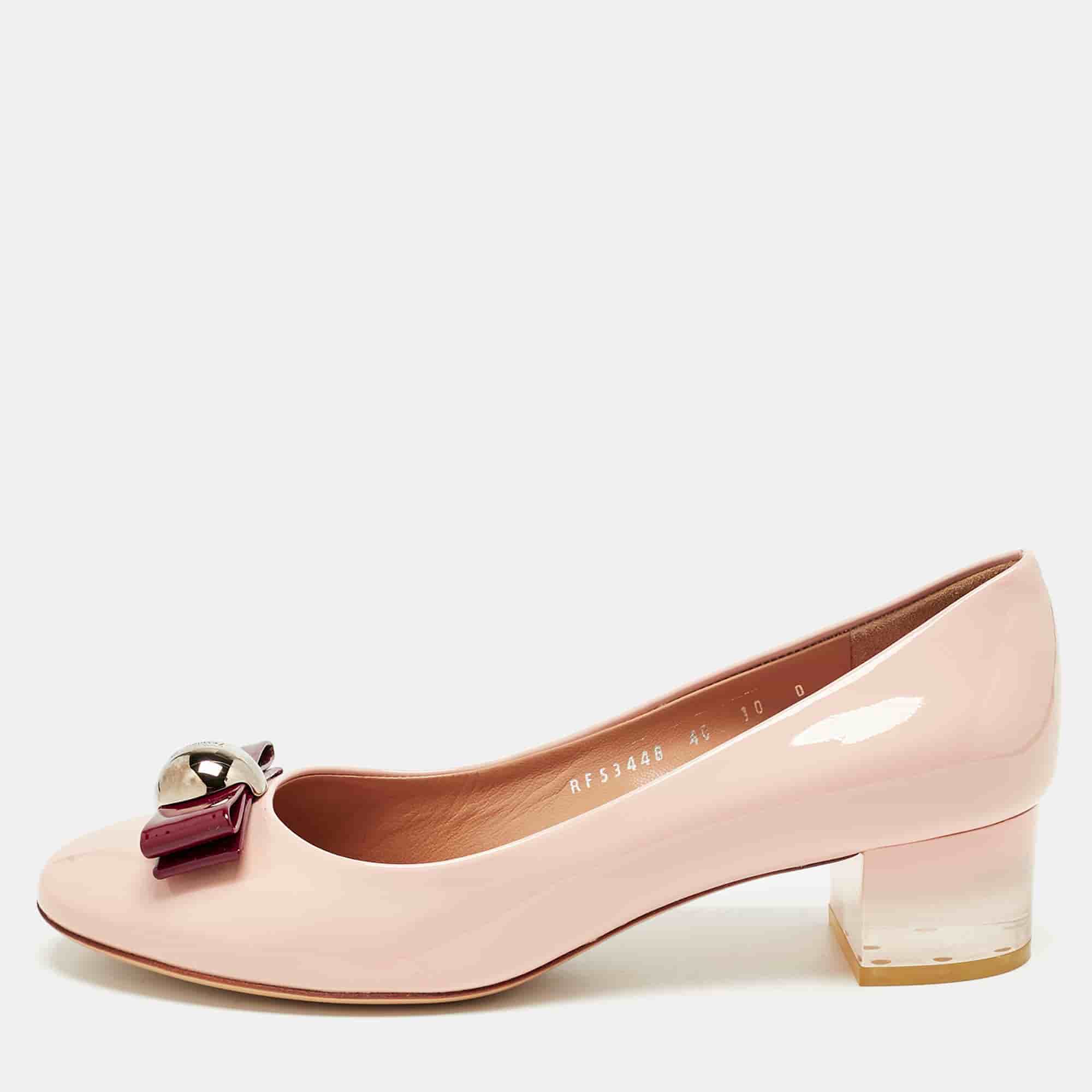 Salvatore Ferragamo Fiammetta Size 40.5 Pink Patent Leather Block Heel Pumps