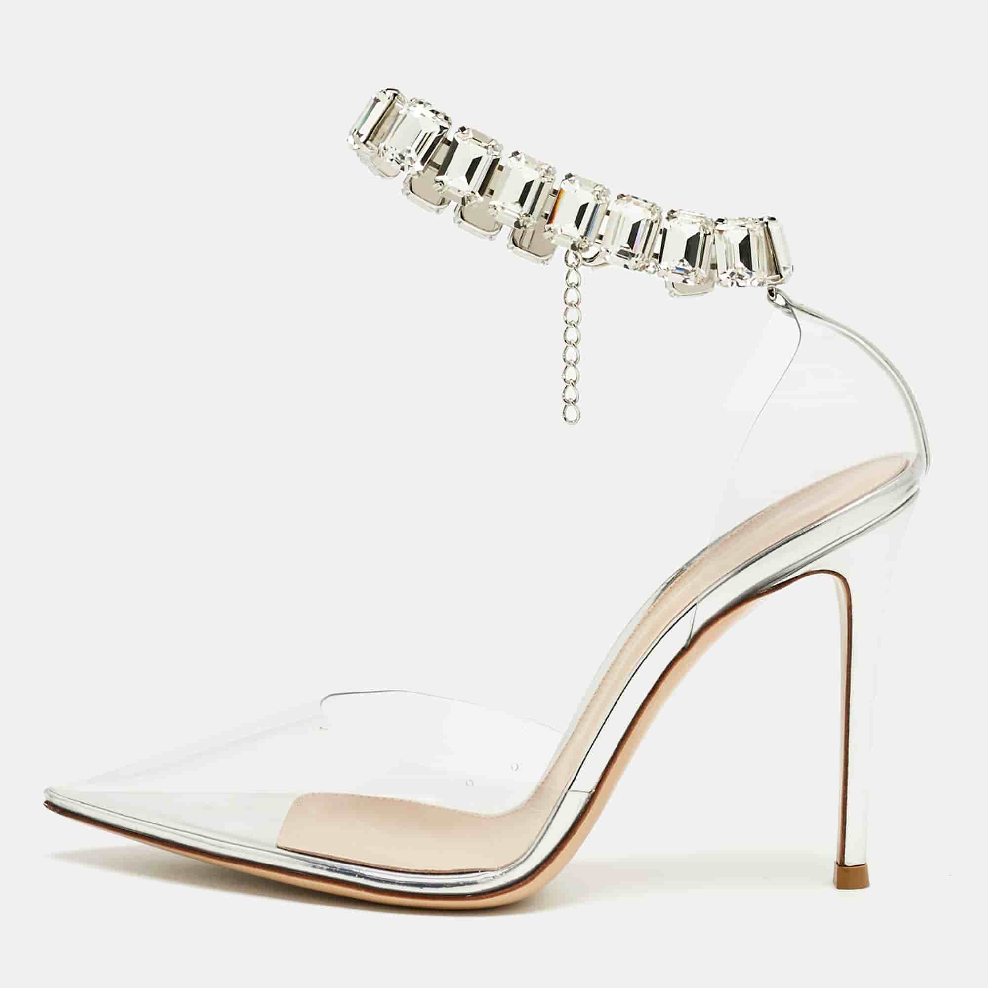 Gianvito Rossi Transparent PVC Crystal Embellished Ankle Strap Pumps Size 38.5