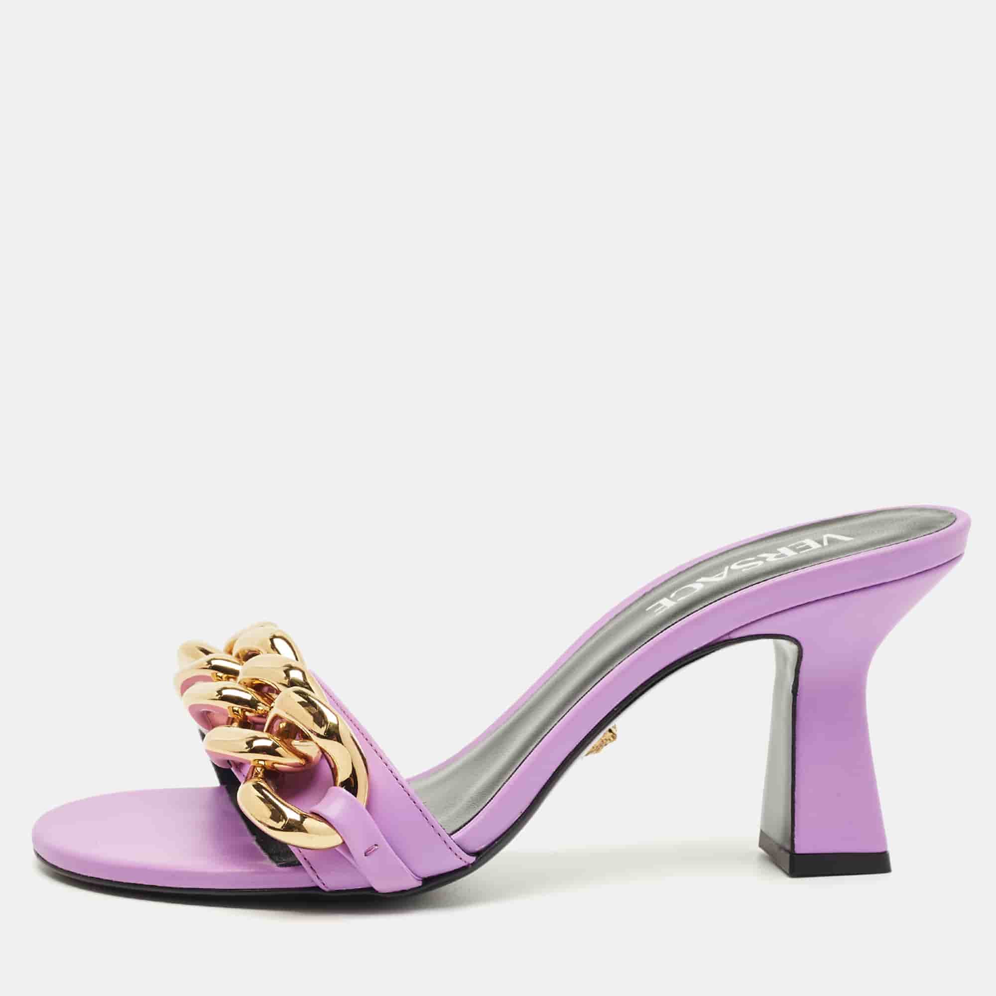 Versace Purple Leather Medusa Chain Slide Sandals Size 37