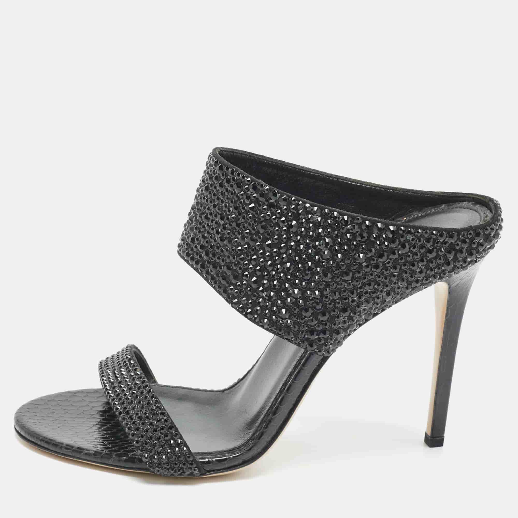 Le Silla Black Snakeskin Embossed Leather and Suede Crystal Embellished Slide Sandals Size 37.5