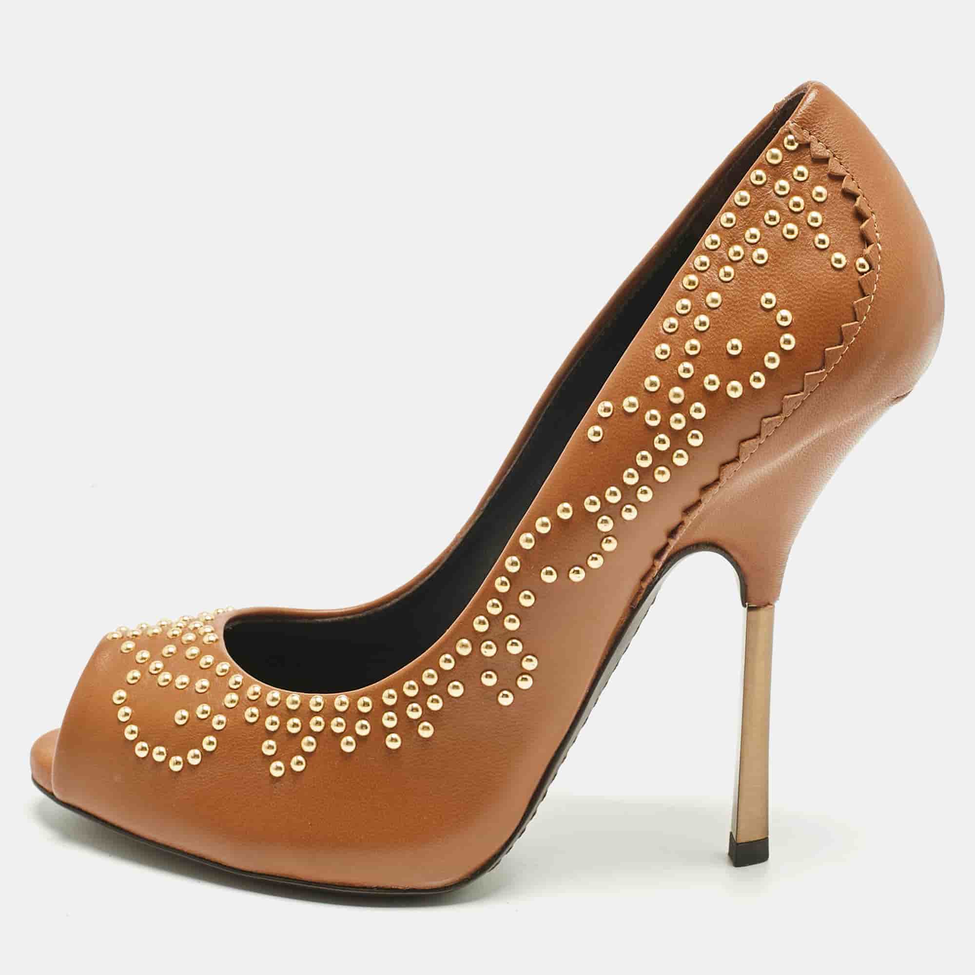 Giuseppe Zanotti Brown Leather Studded Peep Toe Pumps Size 38