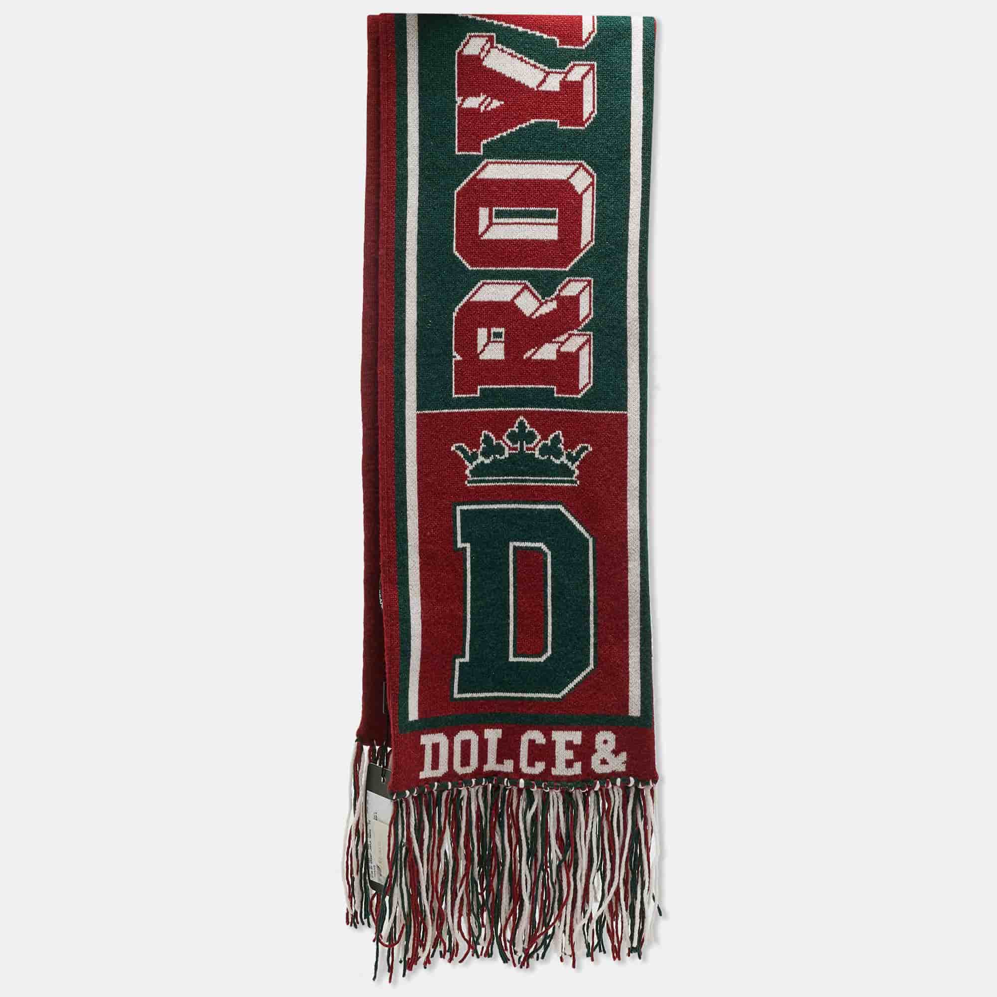 Dolce & Gabbana Burgundy/Green Logo Intarsia Cashmere Fringed Muffler