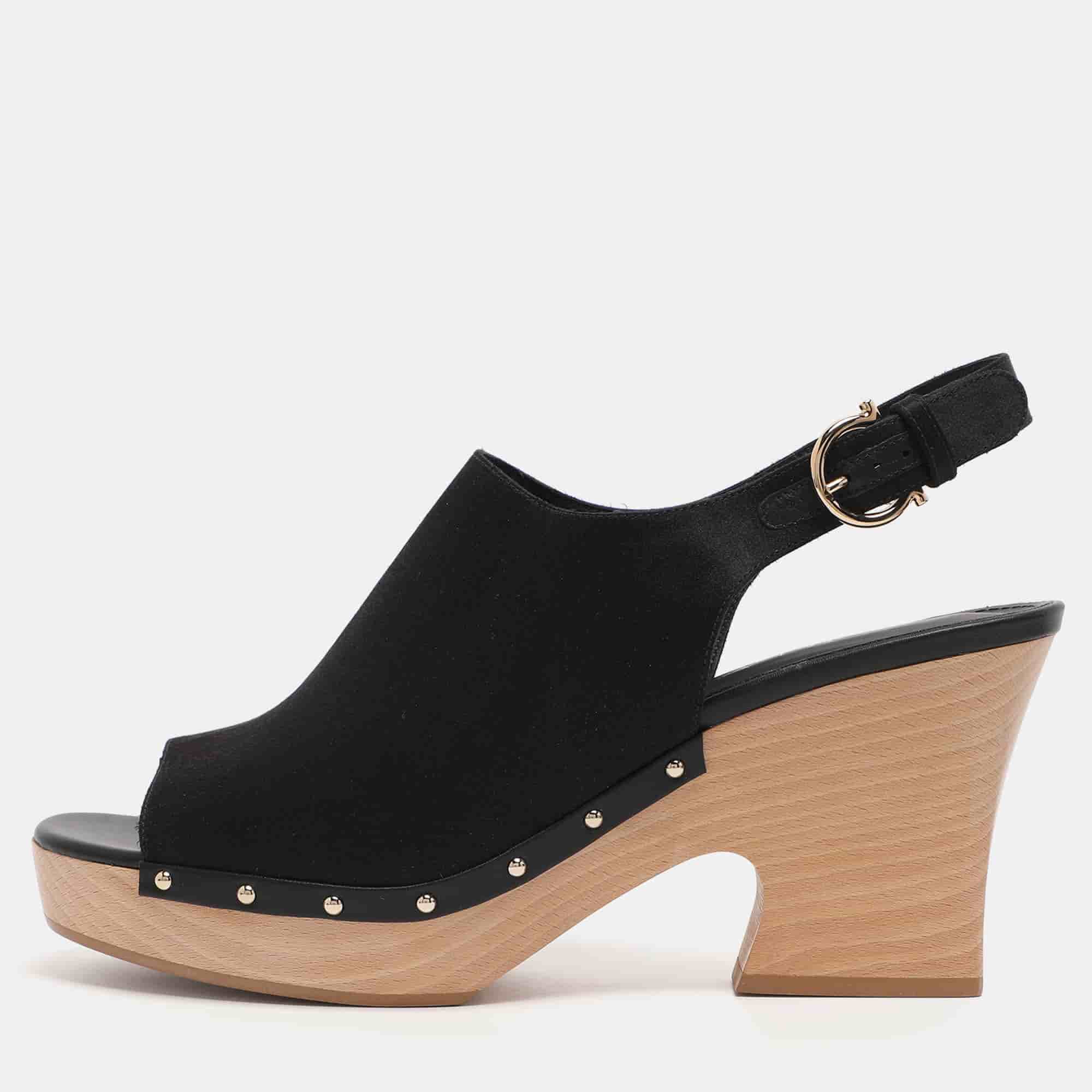 Salvatore Ferragamo Black Satin Wedge Slingback Sandals Size 40.5