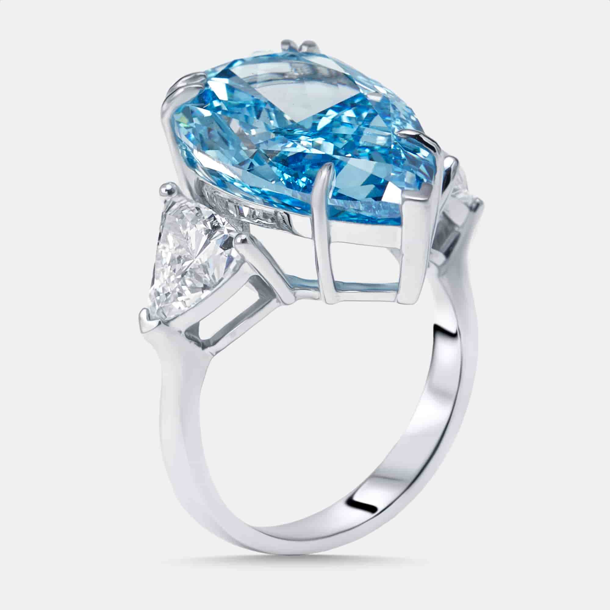 13.3 cts Vivid Blue Pear, Trillion Lab Grown Diamonds 18k White Gold Ring Size 55