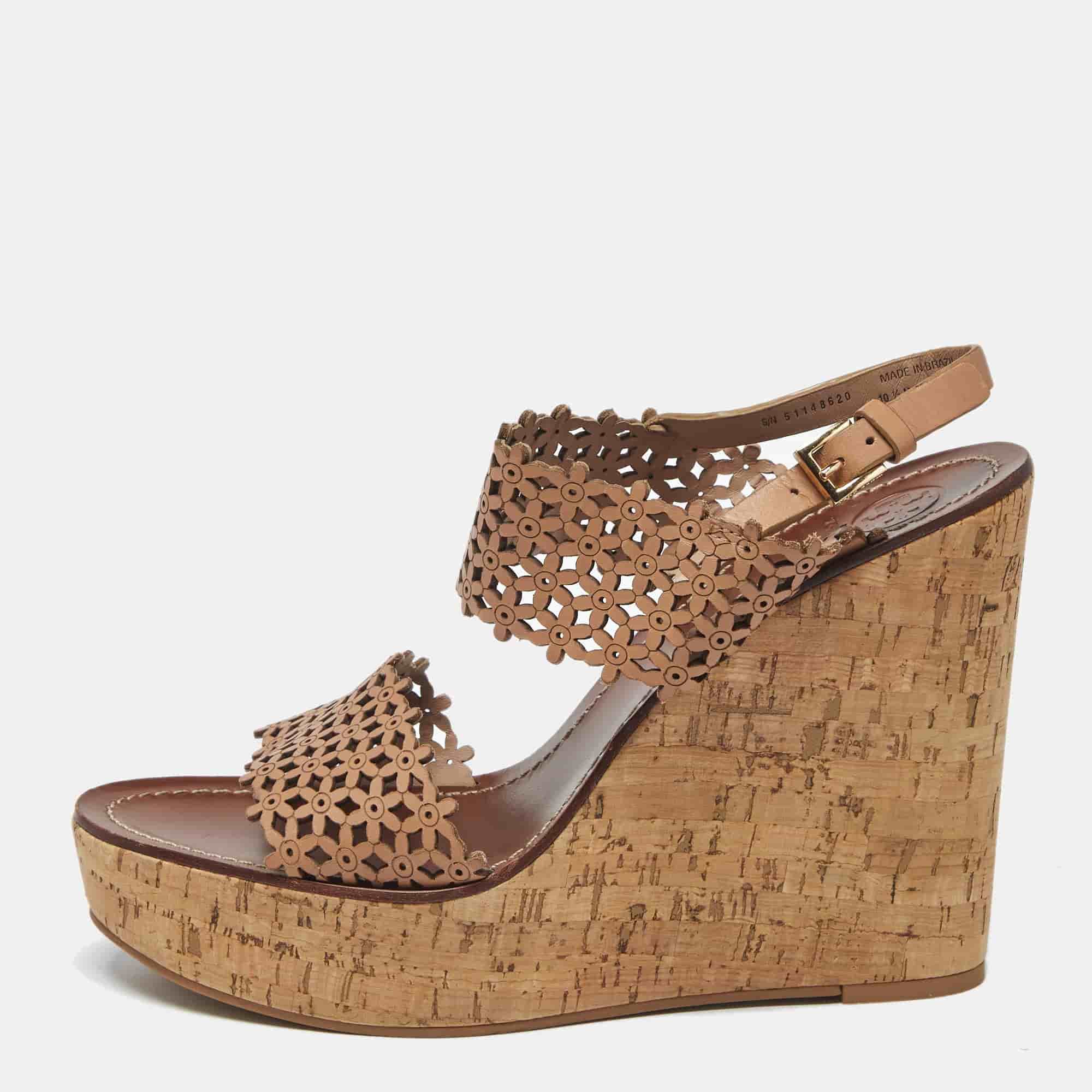 Tory Burch Beige Perforated Leather Daisy Cork Wedge Sandals Size 40.5