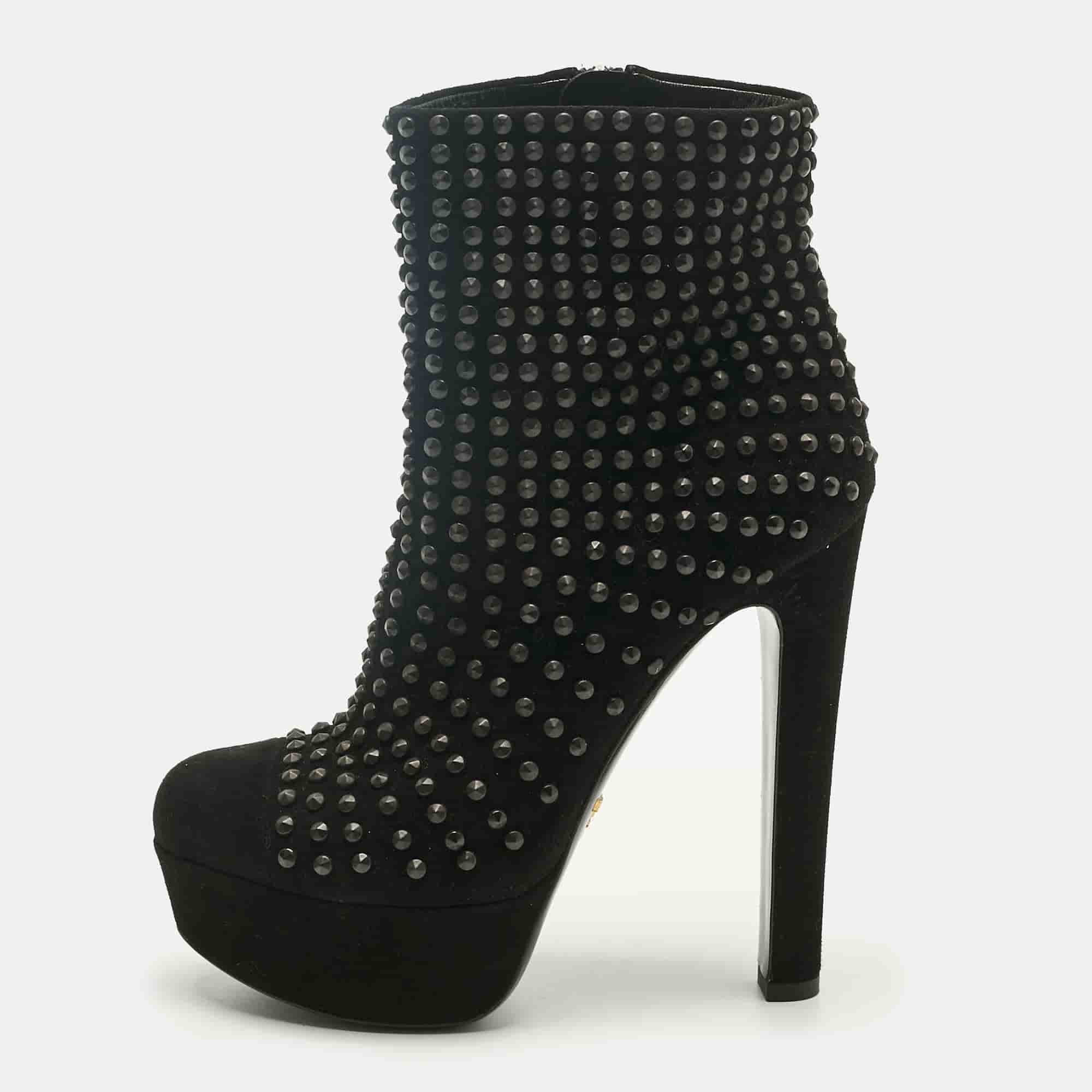 Prada Black Suede Stud Embellish Platform Ankle Length Boots Size 37