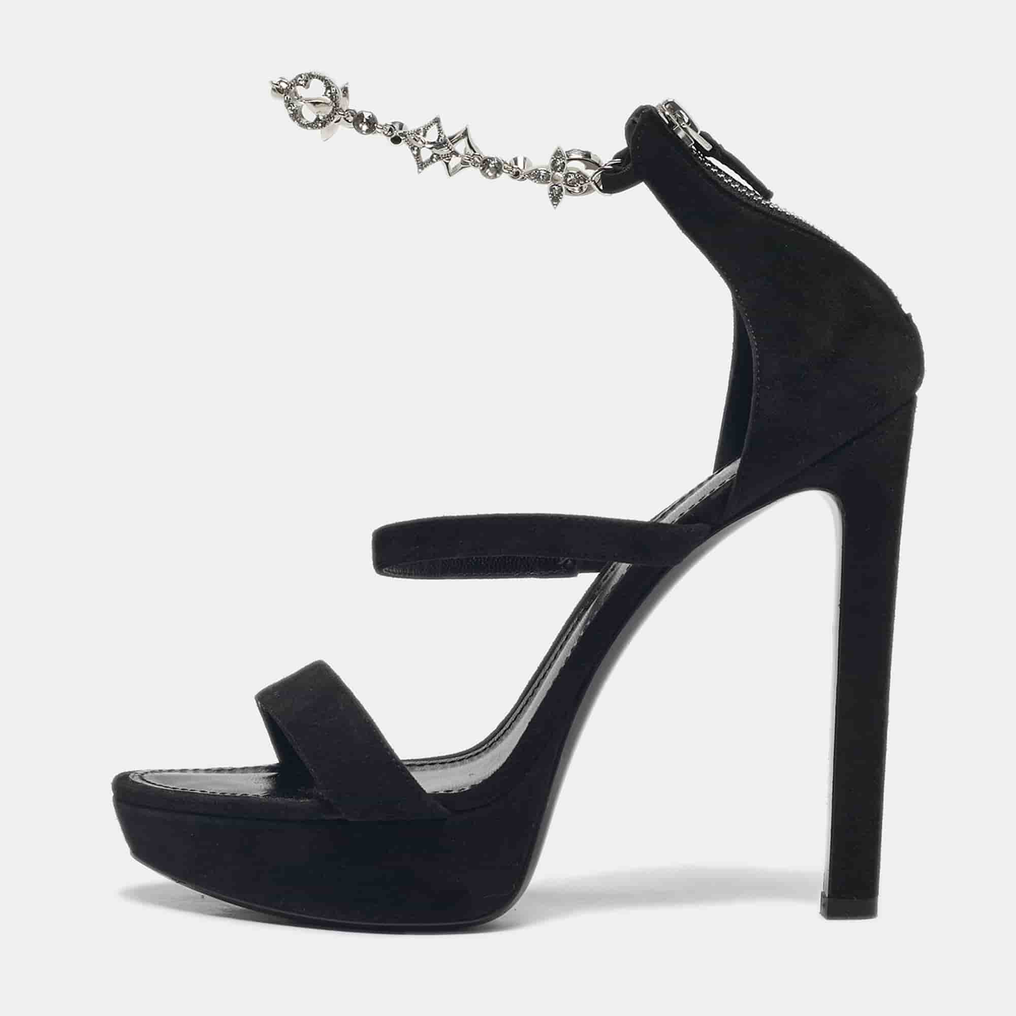 Louis Vuitton Black Suede Ankle Strap Platform Sandals Size 38