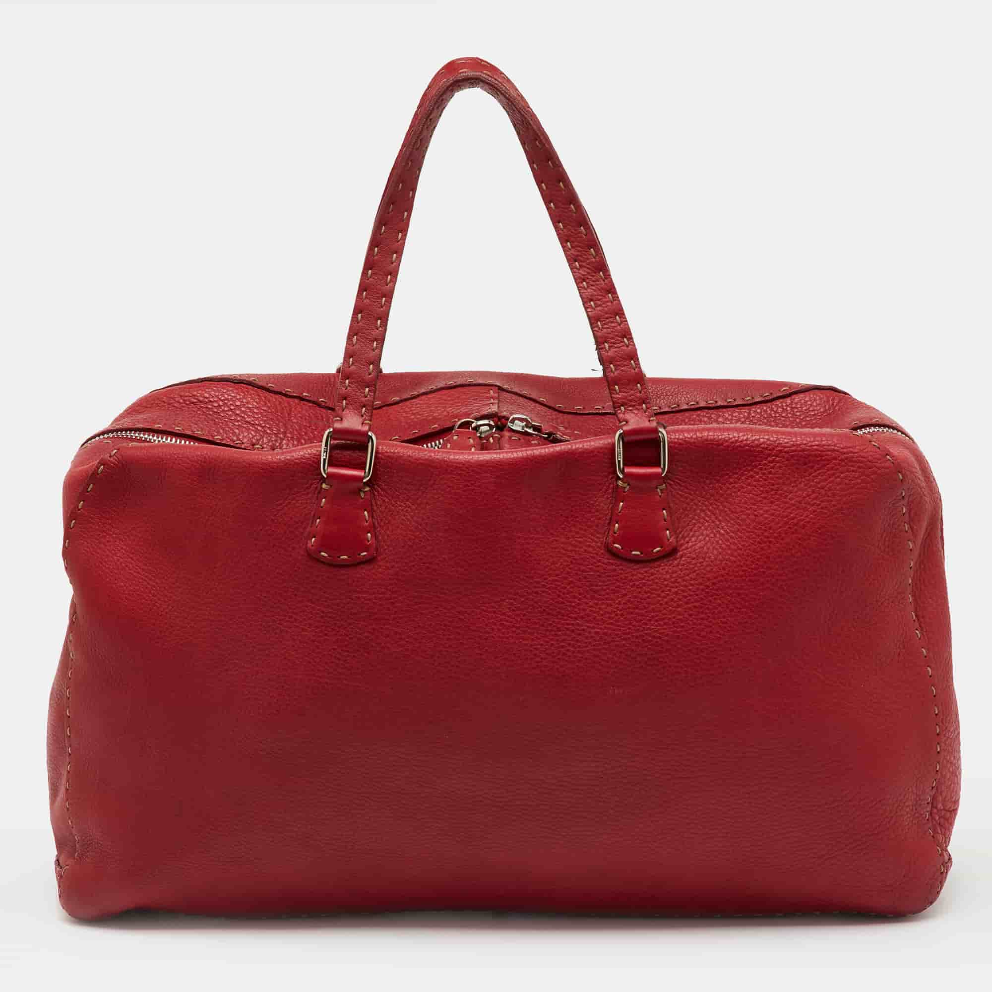 Fendi Dark Red Leather Selleria Travel Satchel