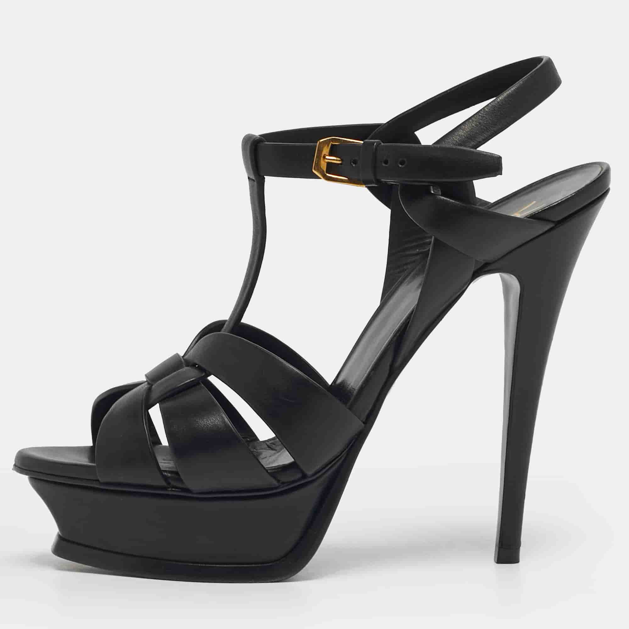 Saint Laurent Paris Size 37.5 Black Leather Platform Sandals