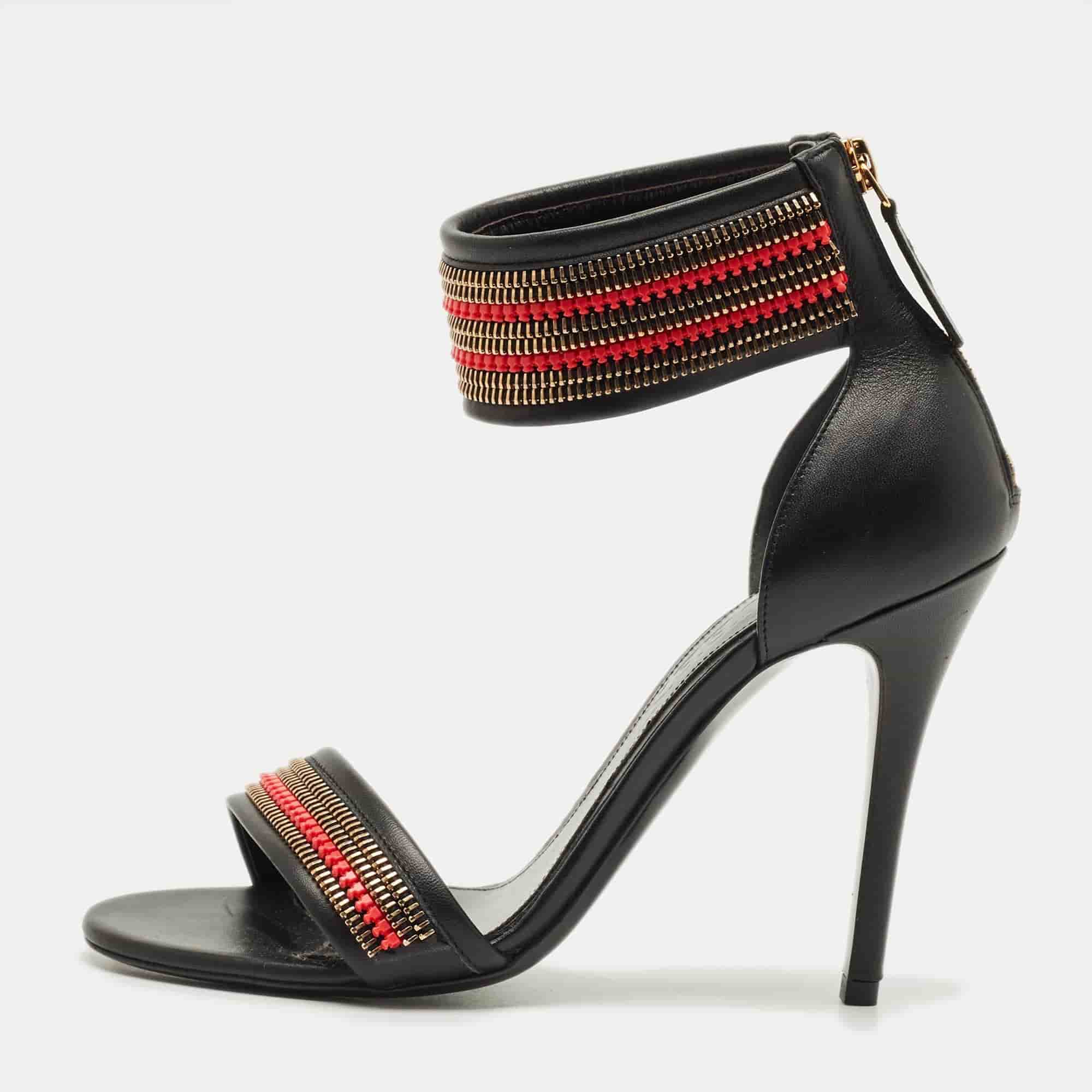 Alexander McQueen Zipper Size 38 Black Leather Ankle Strap Sandals