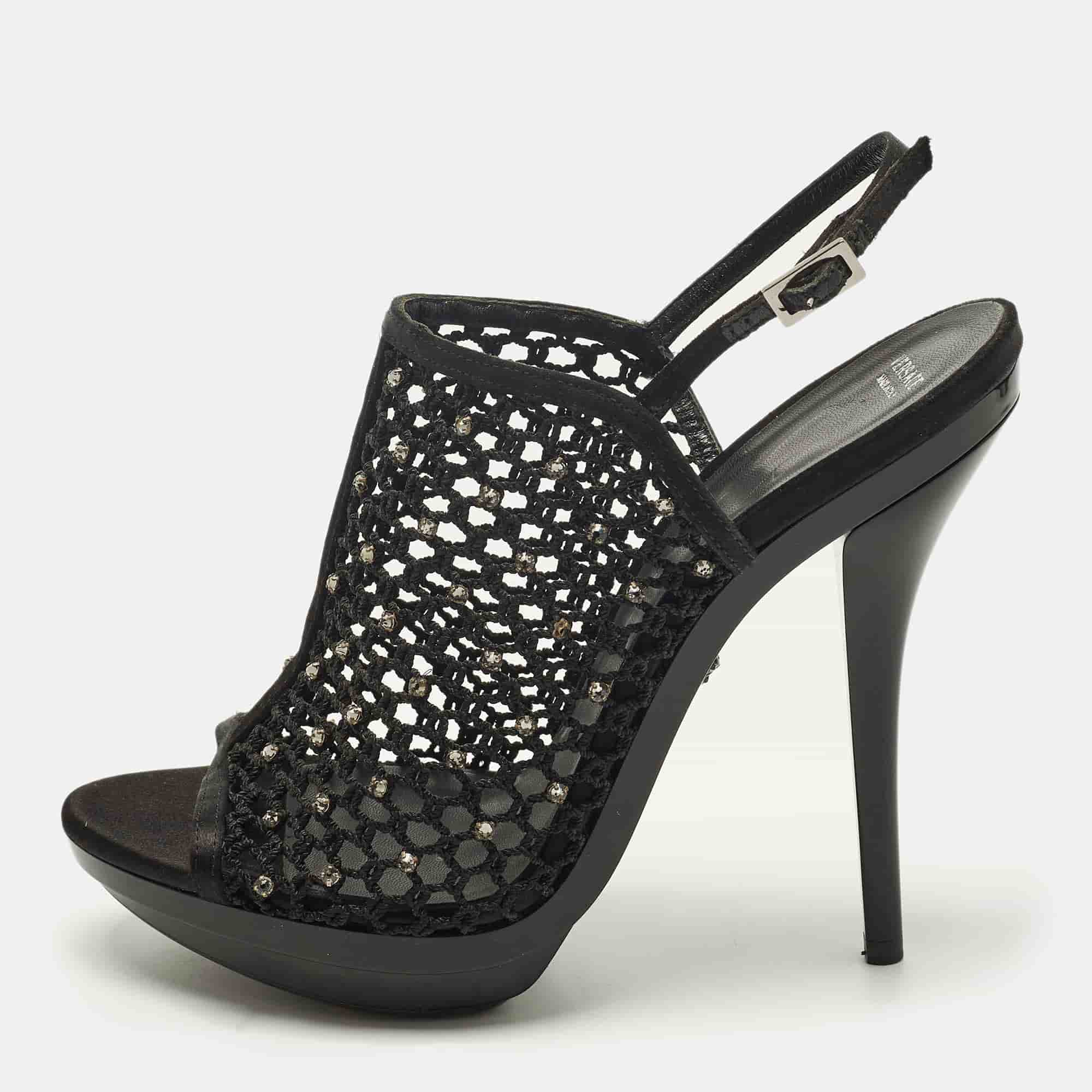 Versace Size 40 Black Mesh and Satin Rhinestone Embellished Open Toe Ankle Strap Sandals