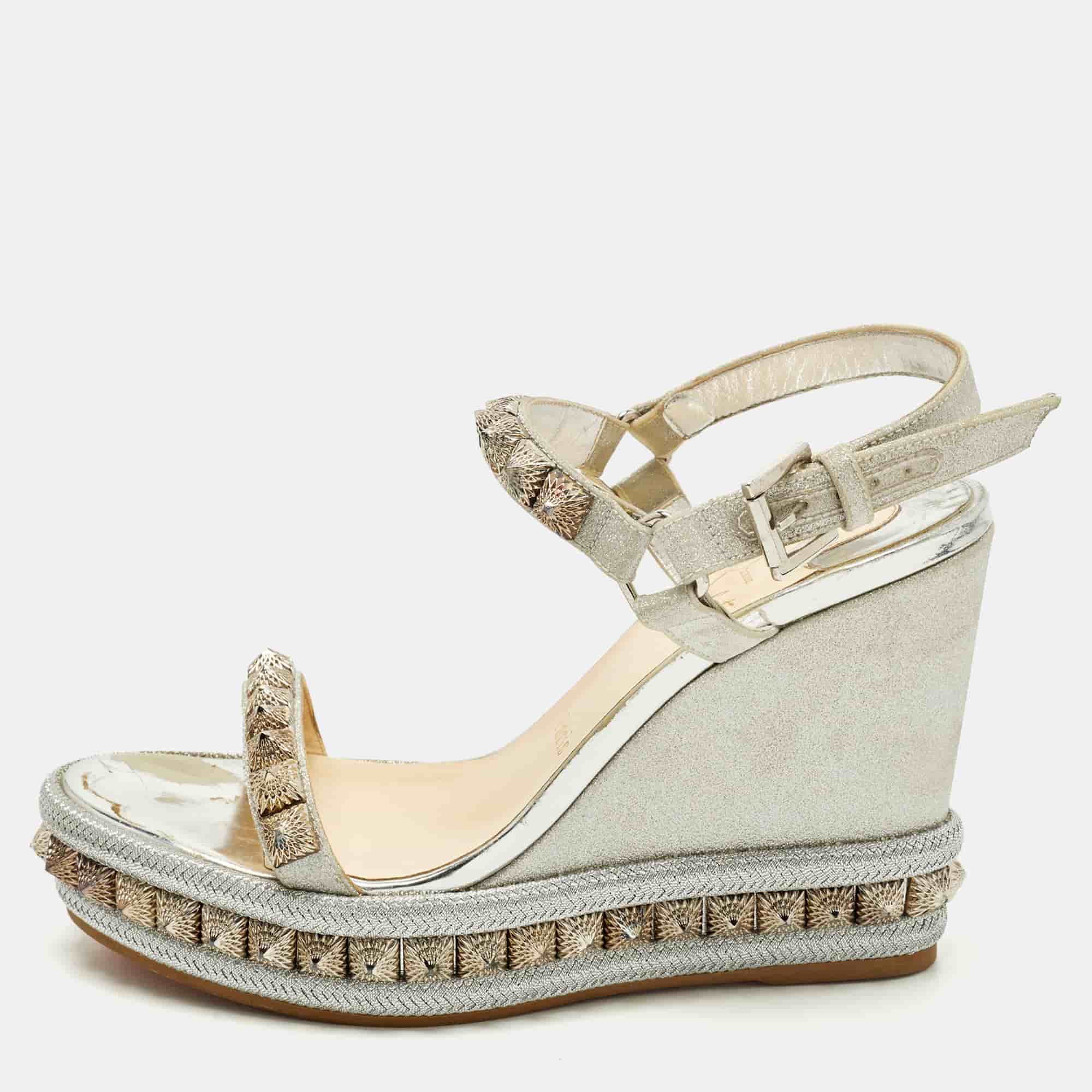 Christian Louboutin Pyraclou Size 38 Silver Glitter and Leather Wedge Sandals
