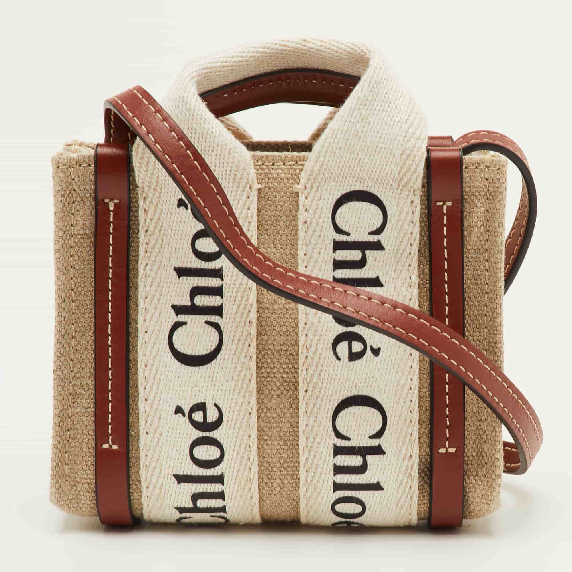 Chloe Woody Nano Beige/Brown Logo Canvas and Leather Tote