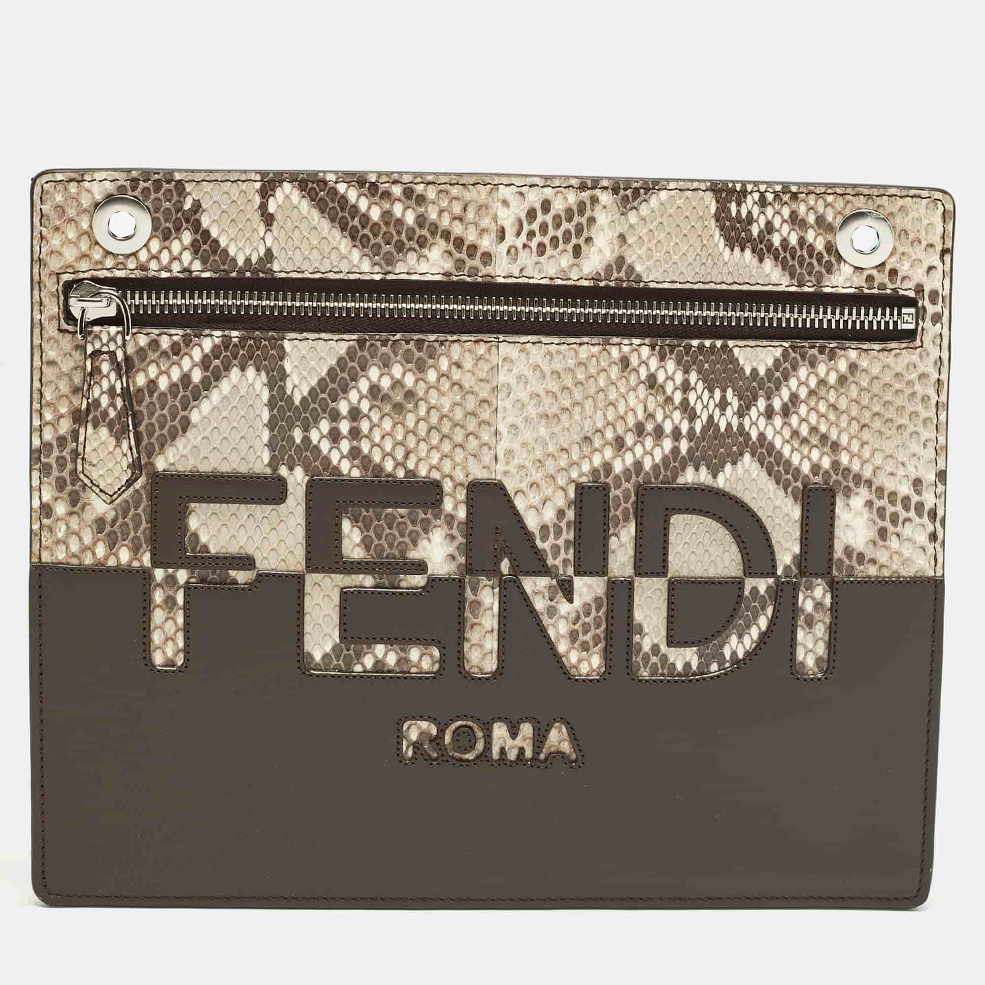 Fendi Logo Brown/Beige Leather and Python Flat Pouch