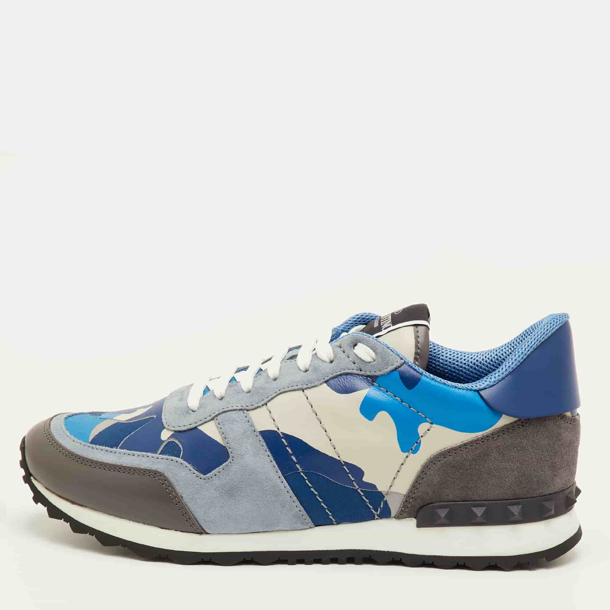 Valentino Rockrunner Size 41.5 Blue/Beige Camouflage Canvas, Leather and Suede Sneakers