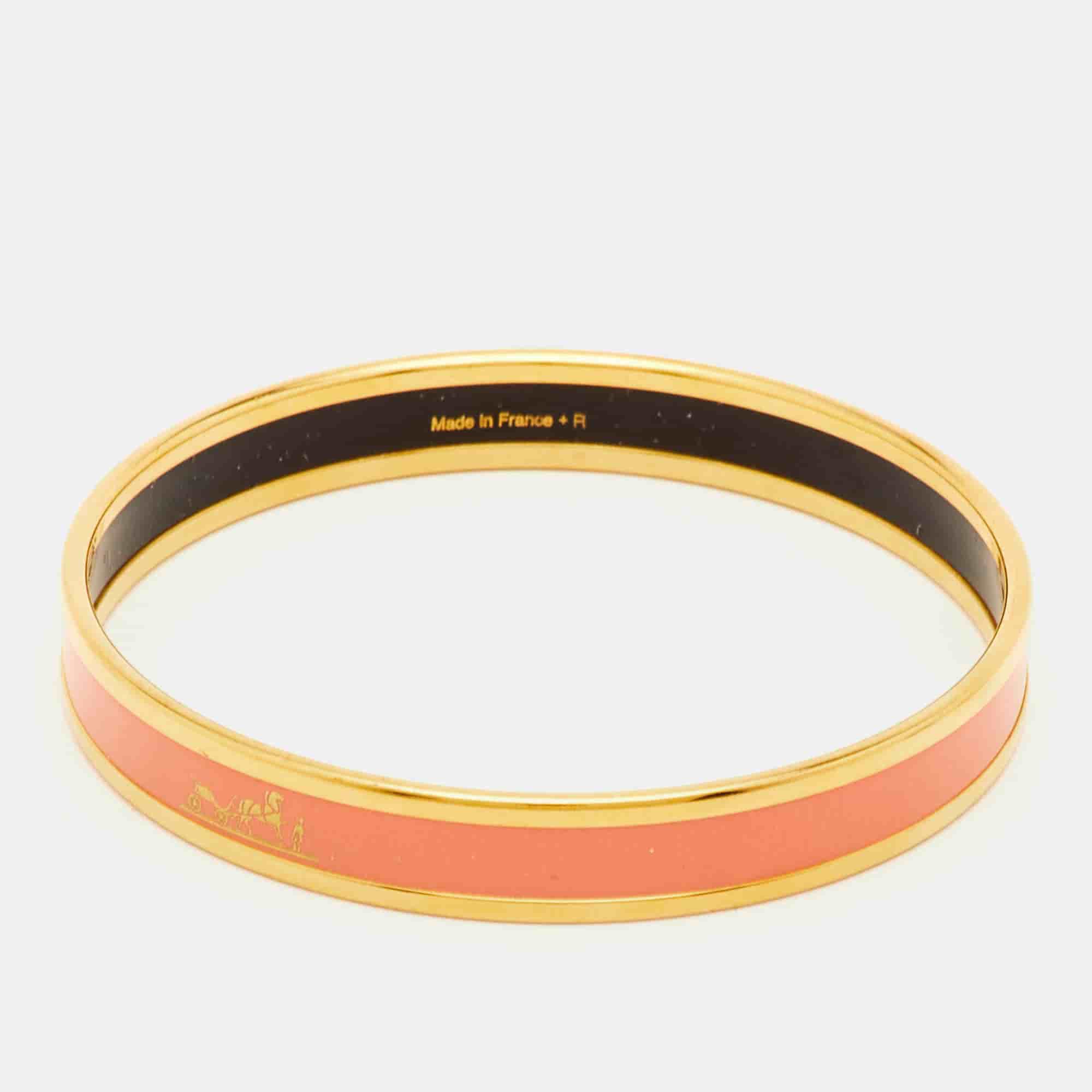 Herm&egrave;s Caleche Pink Enamel Gold Plated Narrow Bangle Bracelet