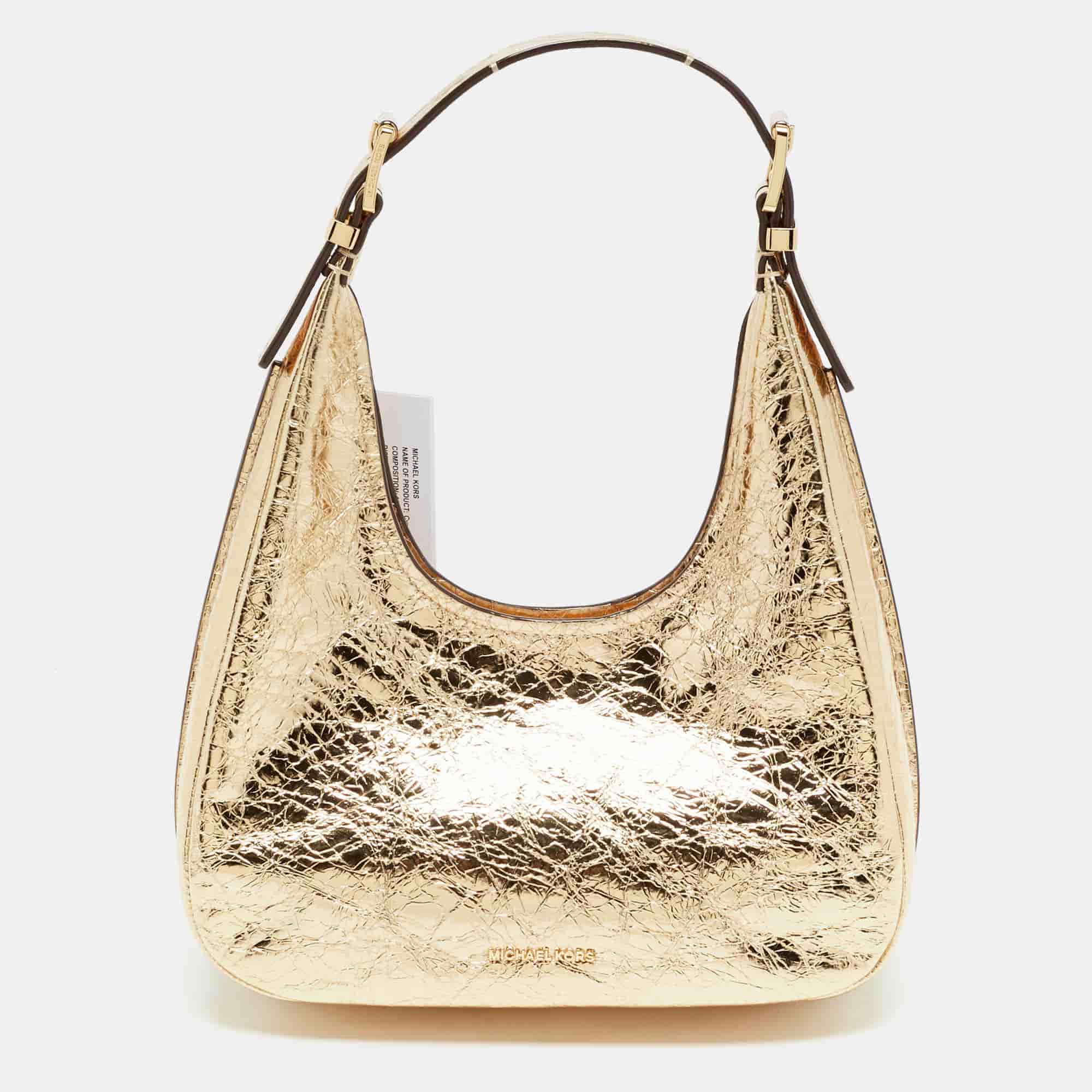 Michael Kors Nolita Small Gold Crinkled Patent Leather Hobo